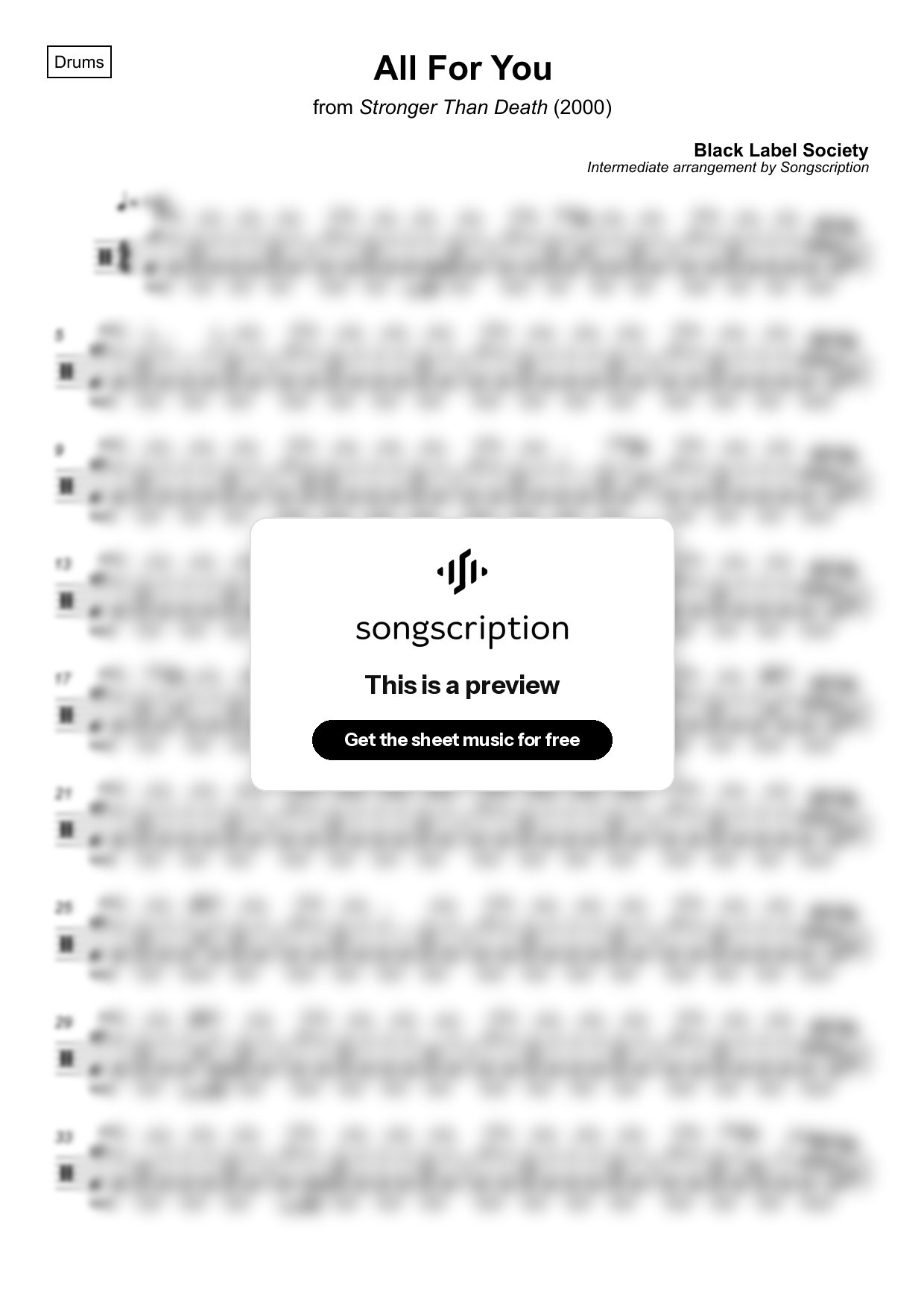 Intermediate Drums Sheet Music for "All For You" by Black Label Society