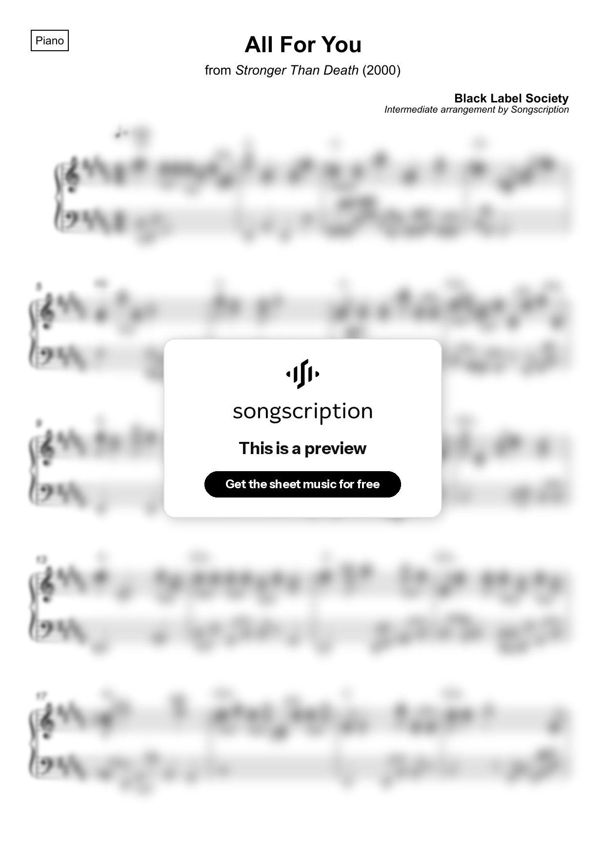 Intermediate Piano Sheet Music for "All For You" by Black Label Society