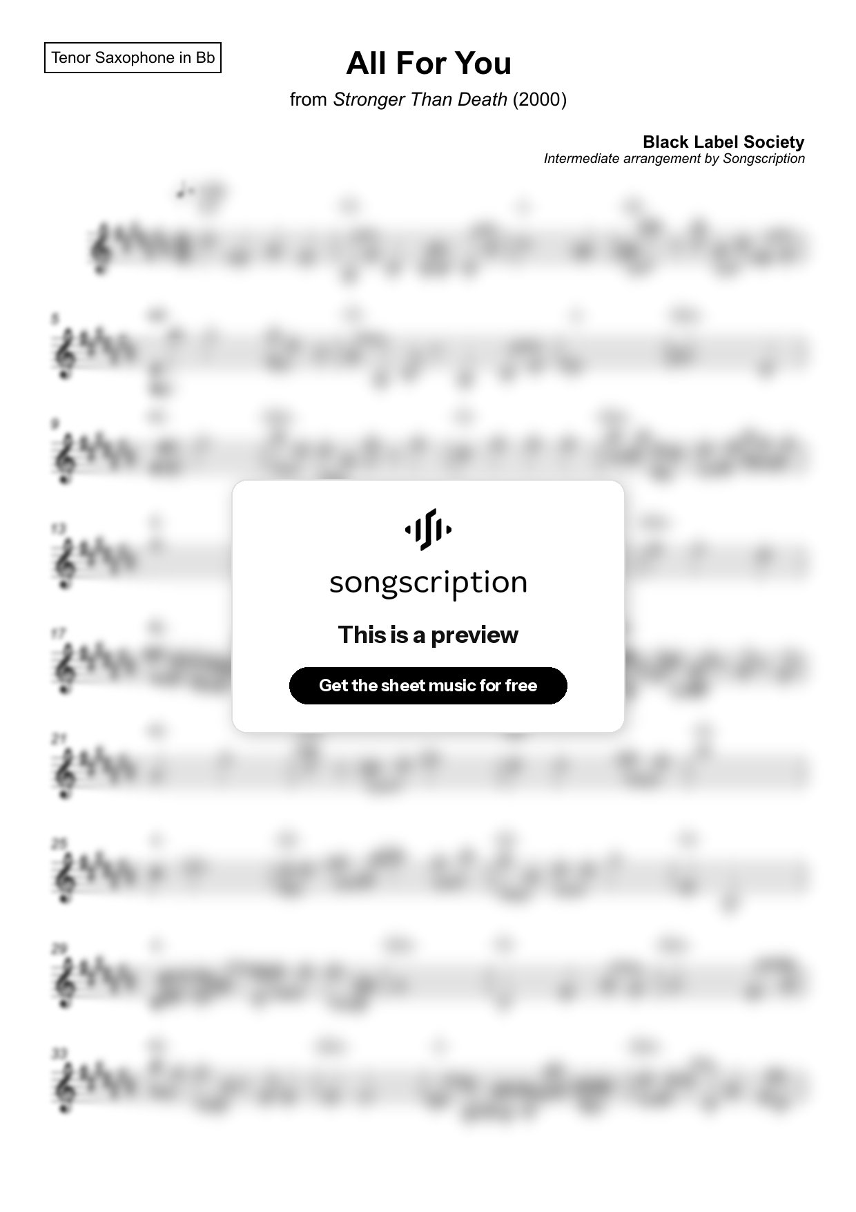 Intermediate Tenor Sax Sheet Music for "All For You" by Black Label Society
