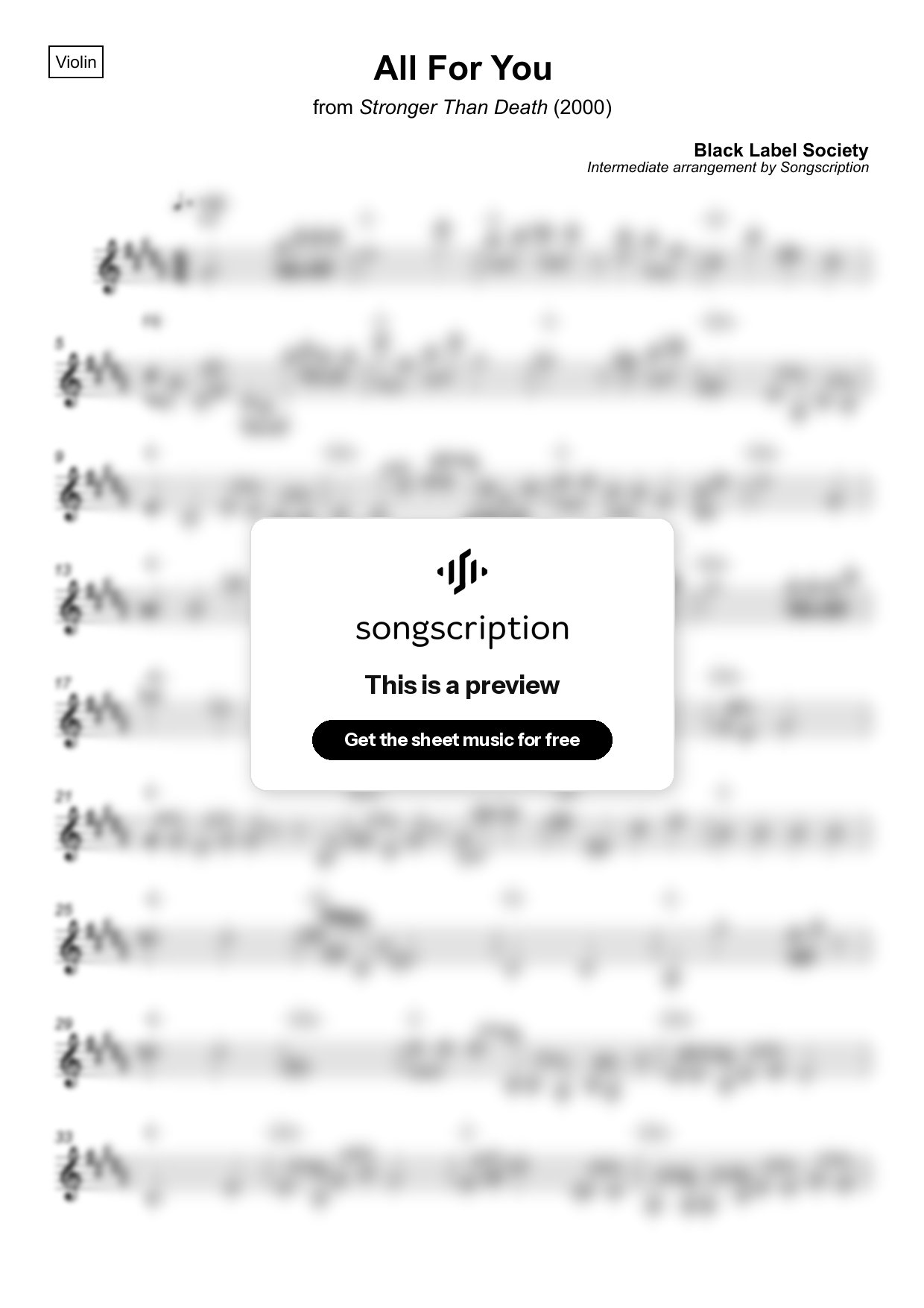 Intermediate Violin Sheet Music for "All For You" by Black Label Society