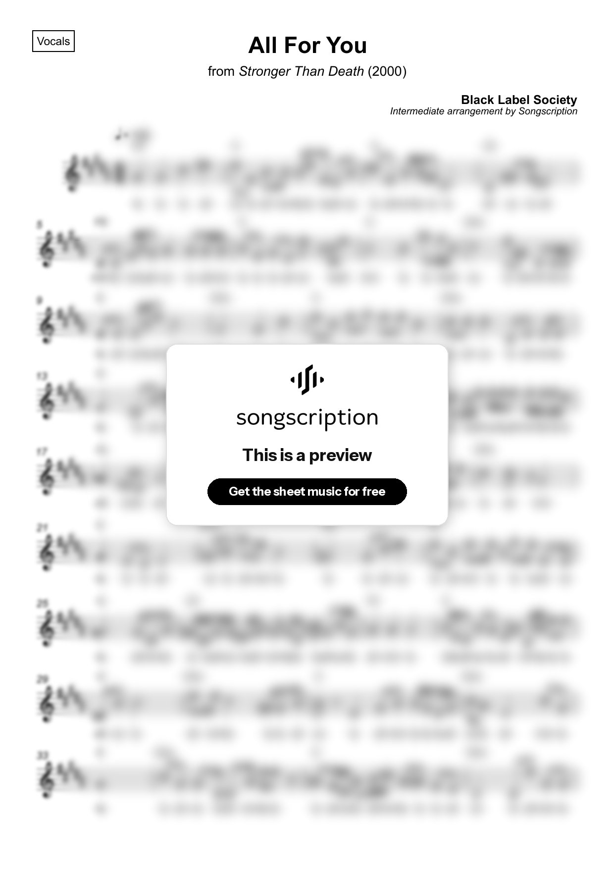 Intermediate Vocals Sheet Music for "All For You" by Black Label Society