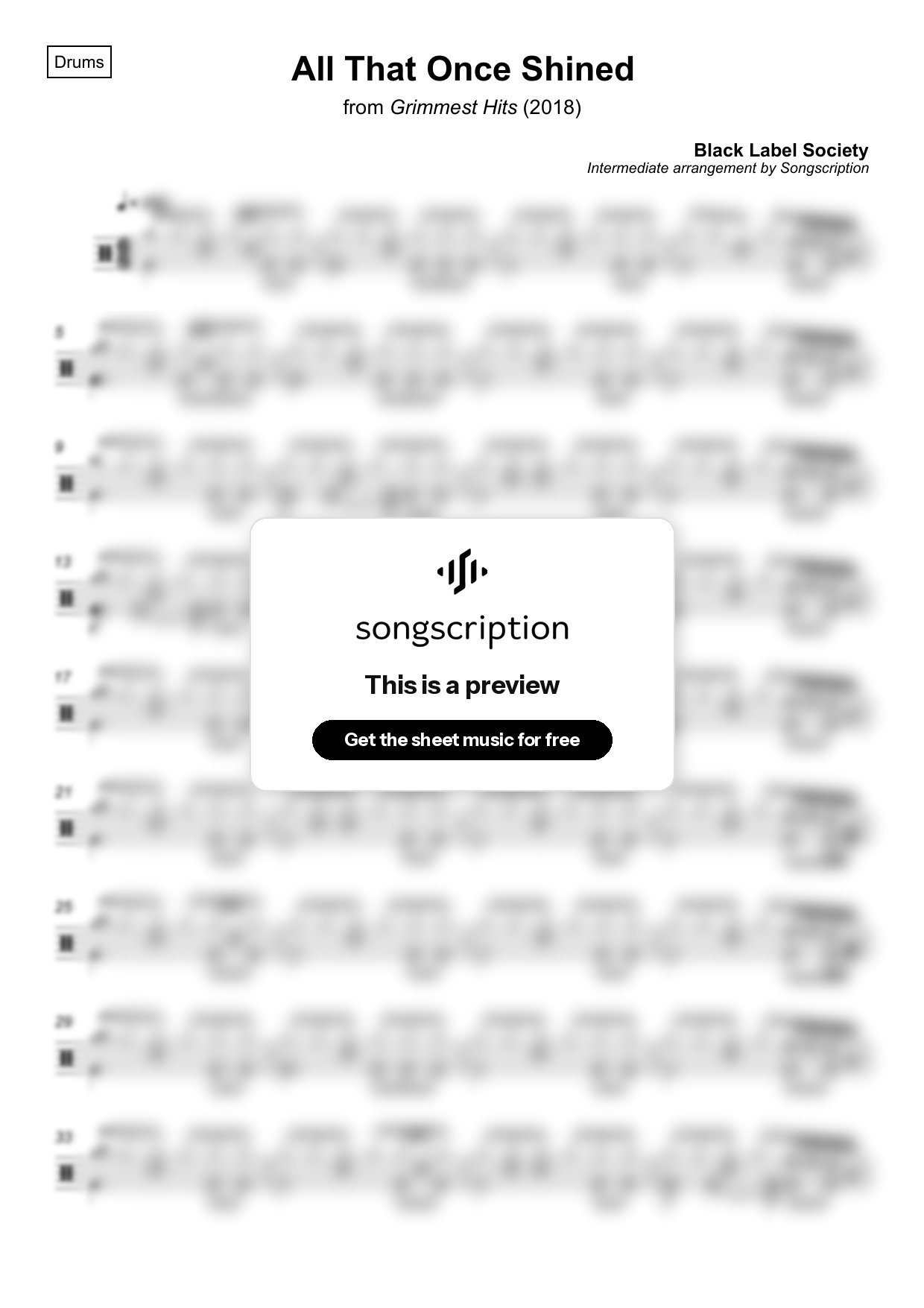 Intermediate Drums Sheet Music for "All That Once Shined" by Black Label Society