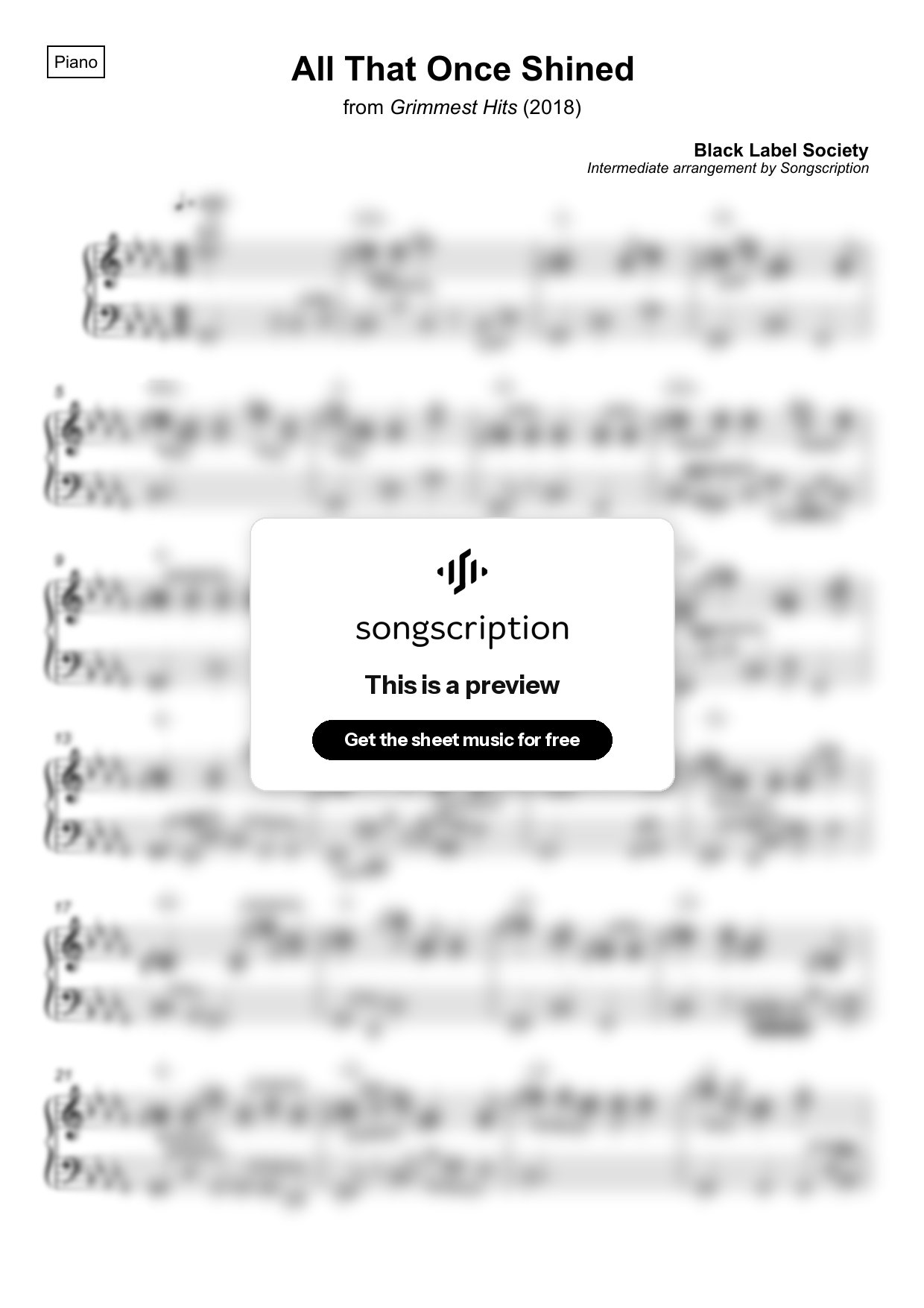 Intermediate Piano Sheet Music for "All That Once Shined" by Black Label Society