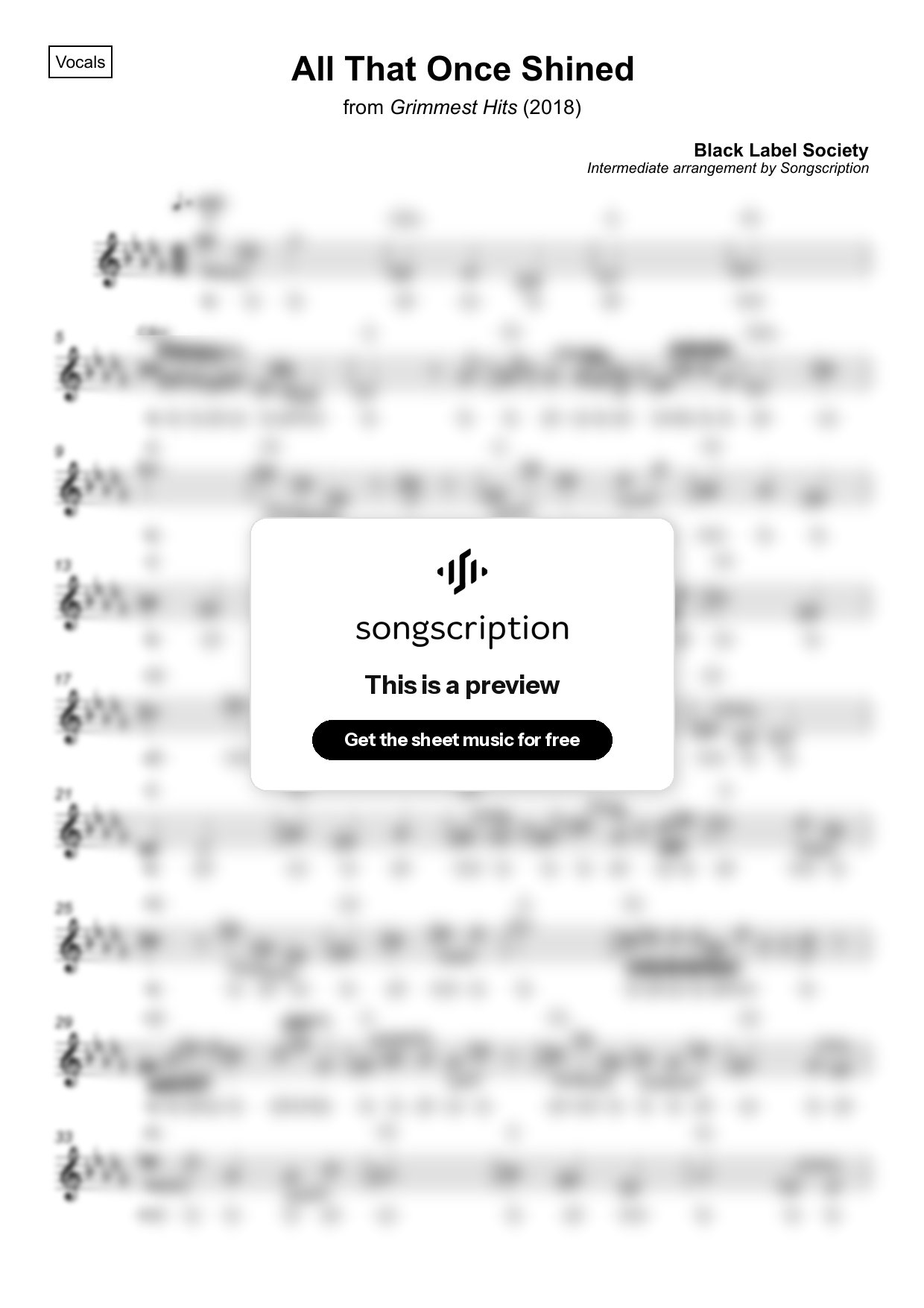 Intermediate Vocals Sheet Music for "All That Once Shined" by Black Label Society