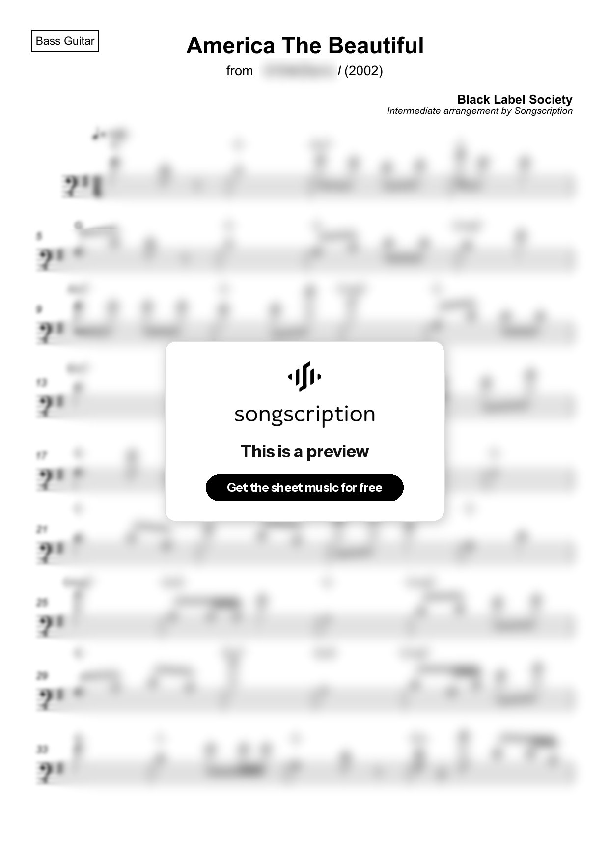 Intermediate Bass Guitar Sheet Music for "America The Beautiful" by Black Label Society