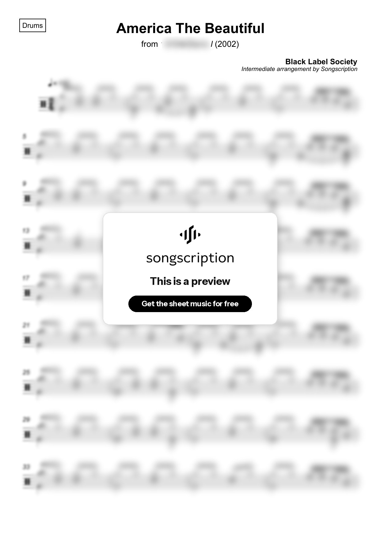 Intermediate Drums Sheet Music for "America The Beautiful" by Black Label Society