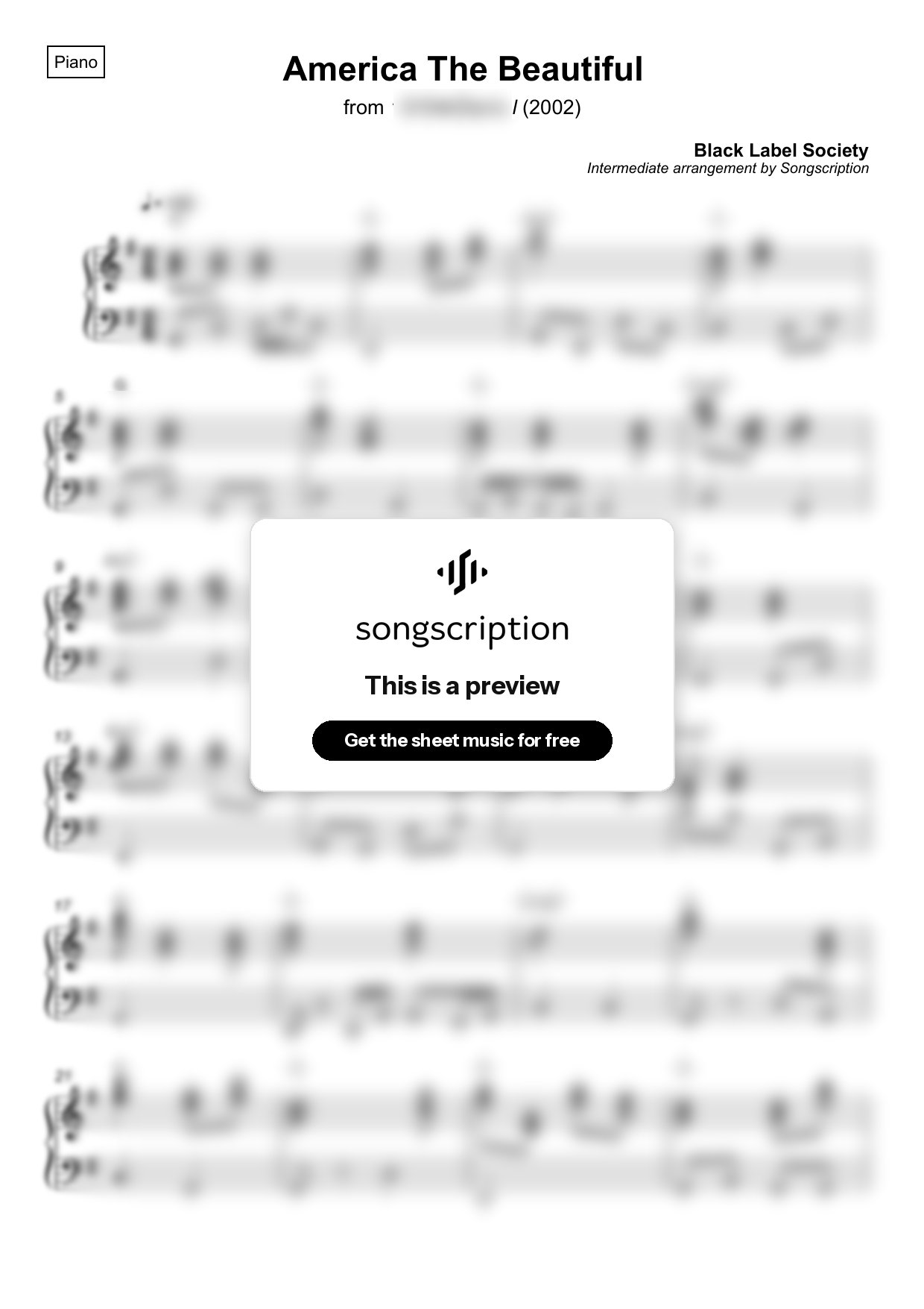 Intermediate Piano Sheet Music for "America The Beautiful" by Black Label Society