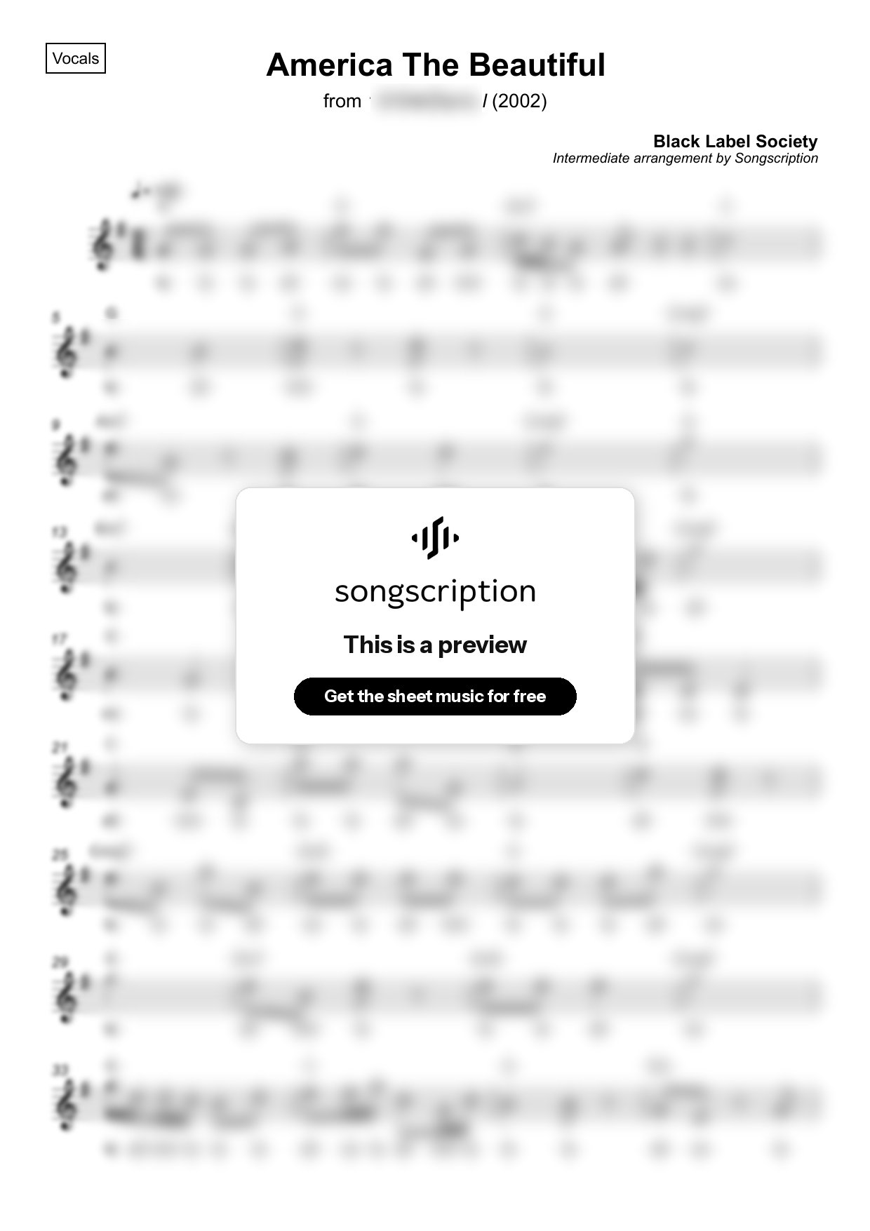 Intermediate Vocals Sheet Music for "America The Beautiful" by Black Label Society