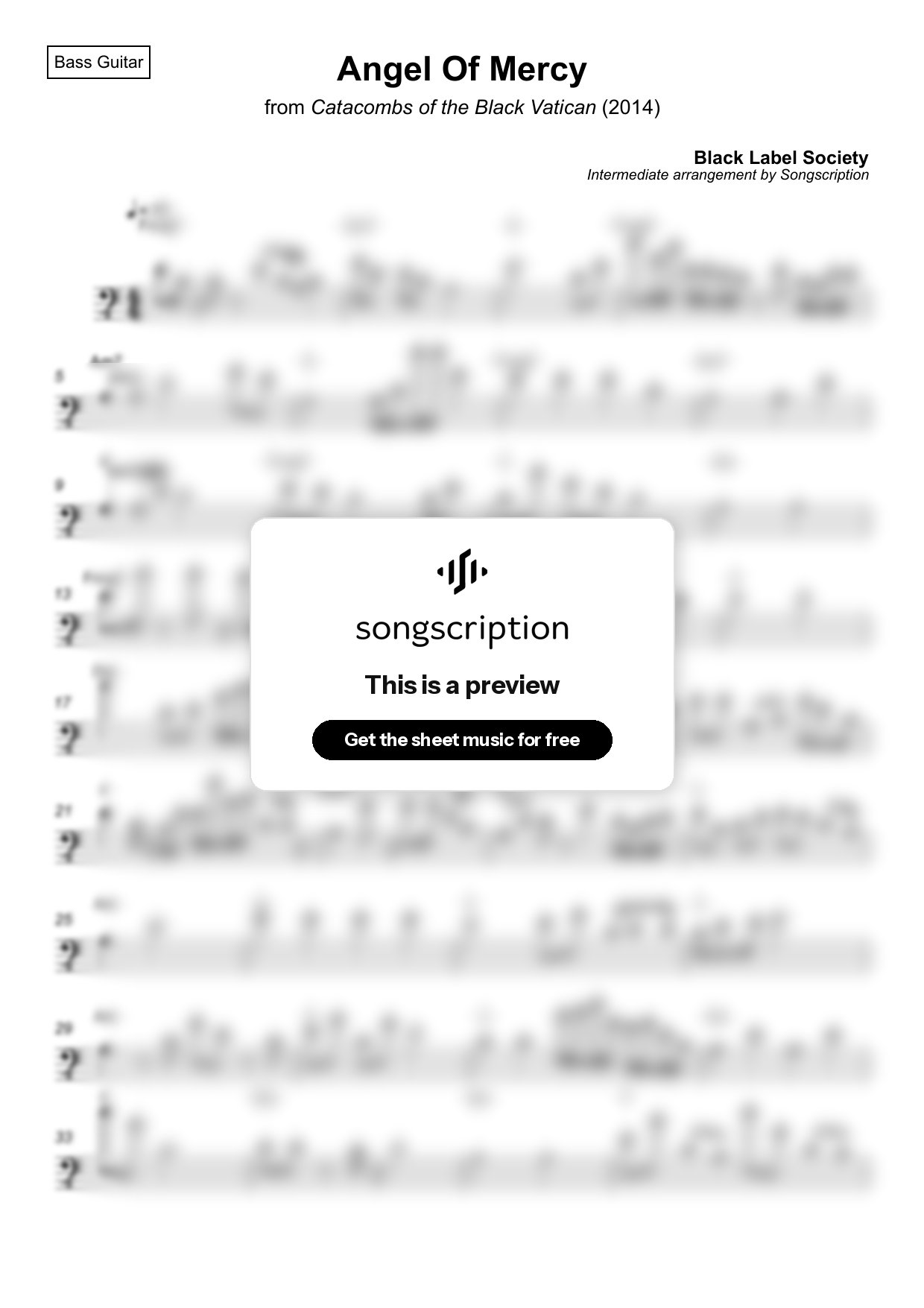 Intermediate Bass Guitar Sheet Music for "Angel Of Mercy" by Black Label Society