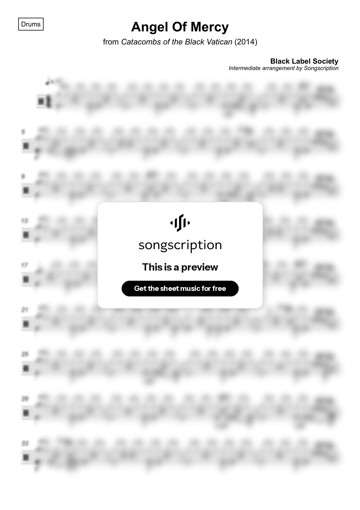 Intermediate Drums Sheet Music for "Angel Of Mercy" by Black Label Society