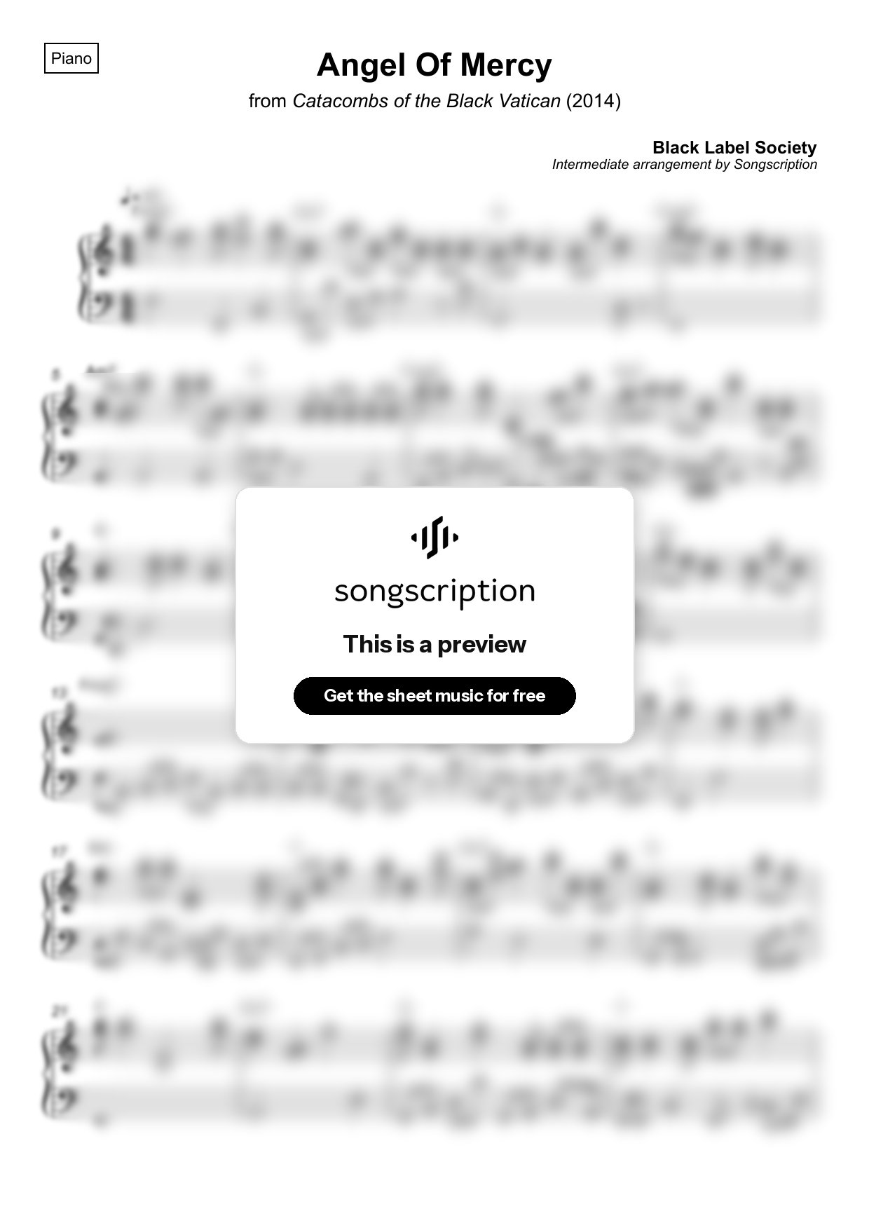 Intermediate Piano Sheet Music for "Angel Of Mercy" by Black Label Society