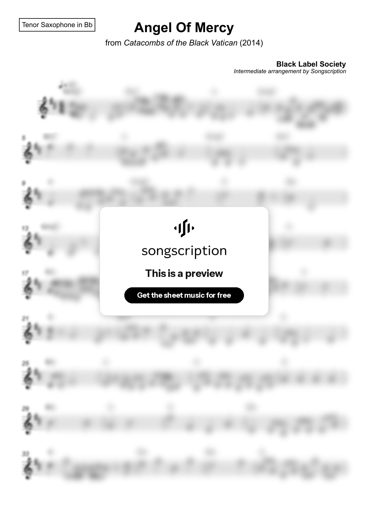 Intermediate Tenor Sax Sheet Music for "Angel Of Mercy" by Black Label Society