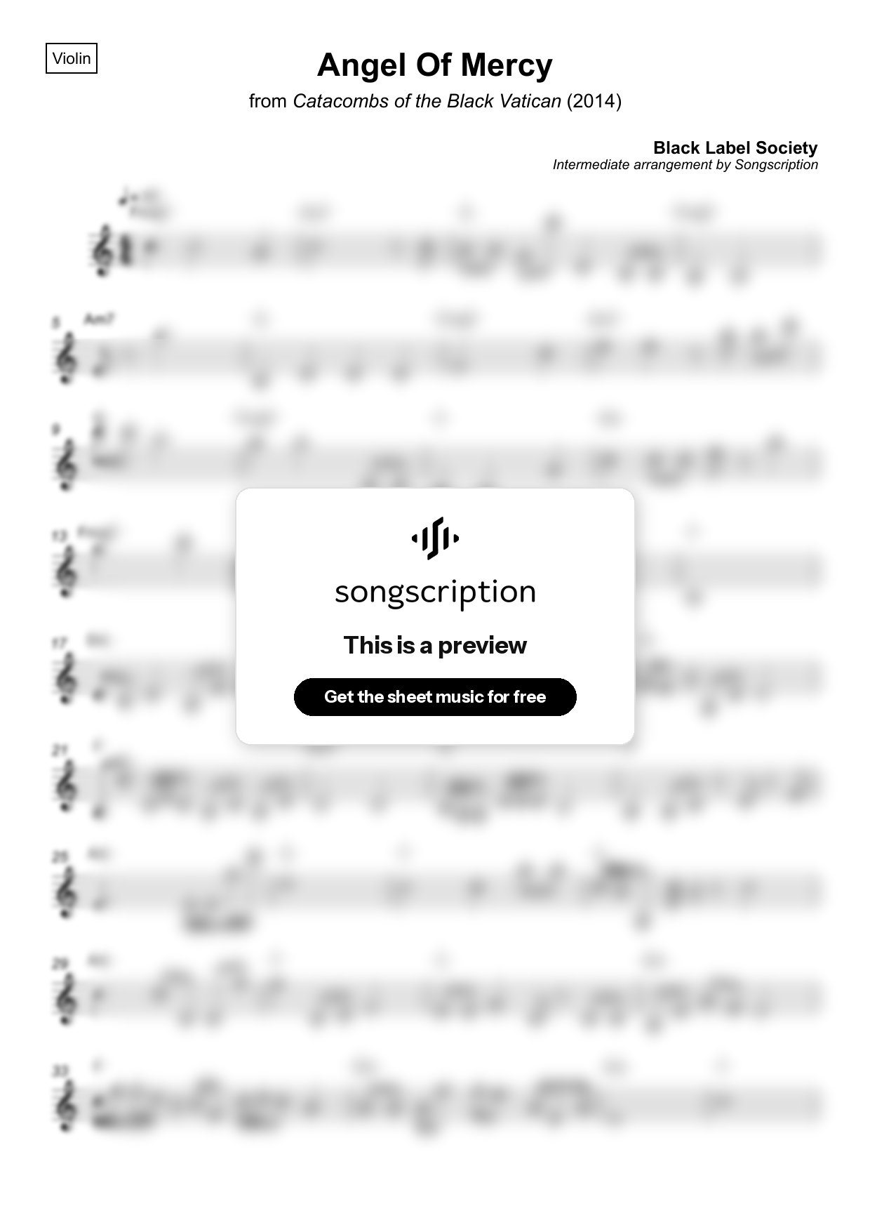 Intermediate Violin Sheet Music for "Angel Of Mercy" by Black Label Society