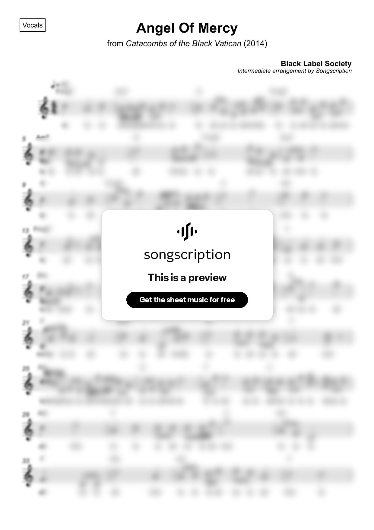 Intermediate Vocals Sheet Music for "Angel Of Mercy" by Black Label Society