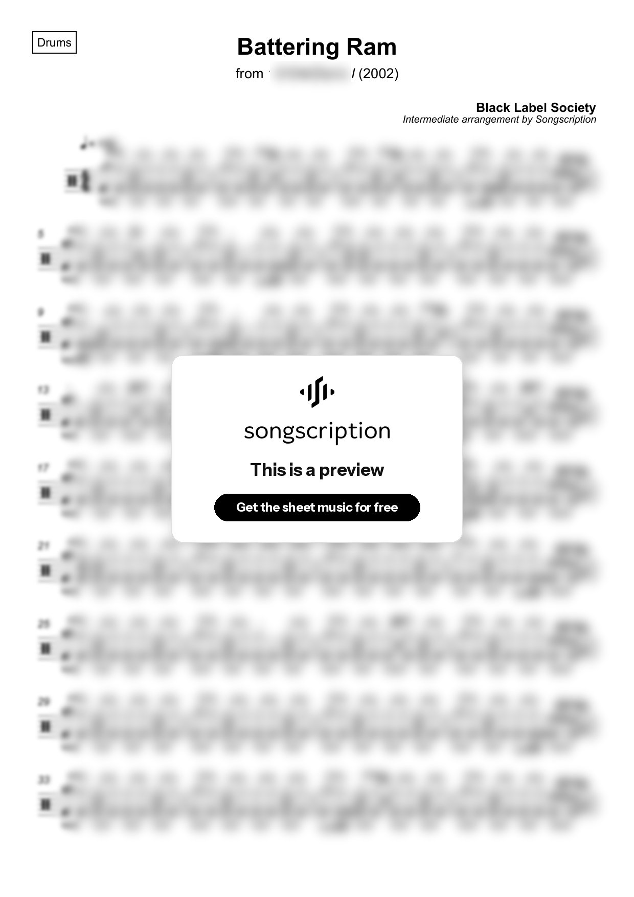Intermediate Drums Sheet Music for "Battering Ram" by Black Label Society