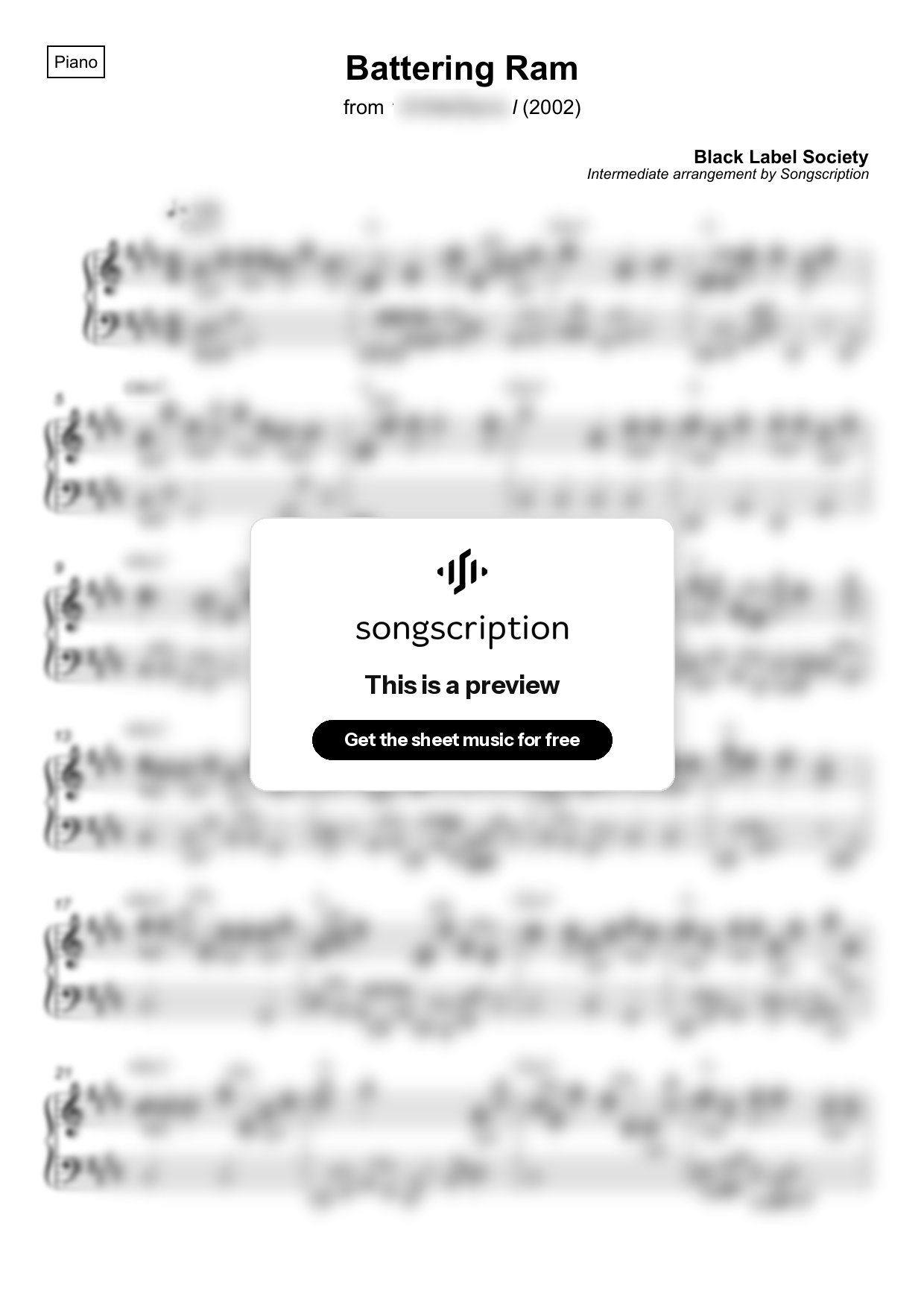 Intermediate Piano Sheet Music for "Battering Ram" by Black Label Society