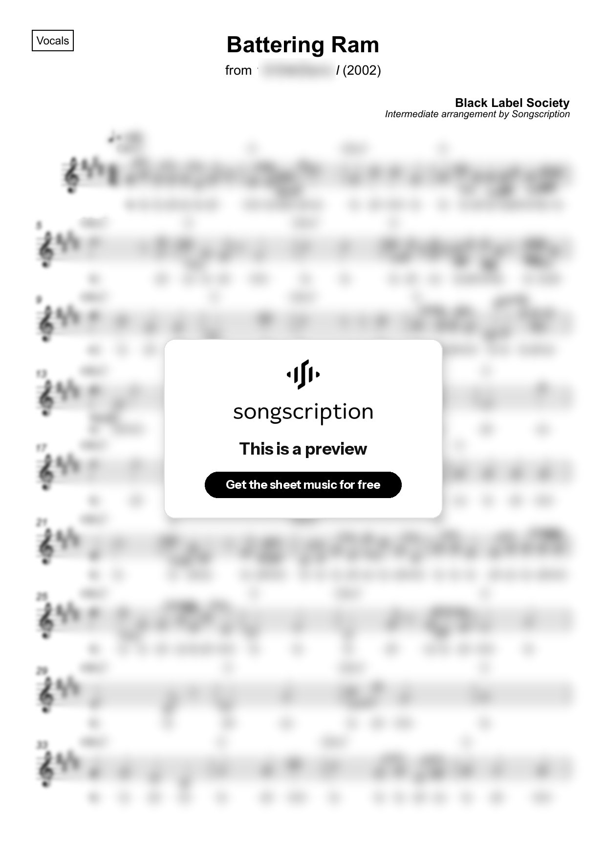 Intermediate Vocals Sheet Music for "Battering Ram" by Black Label Society