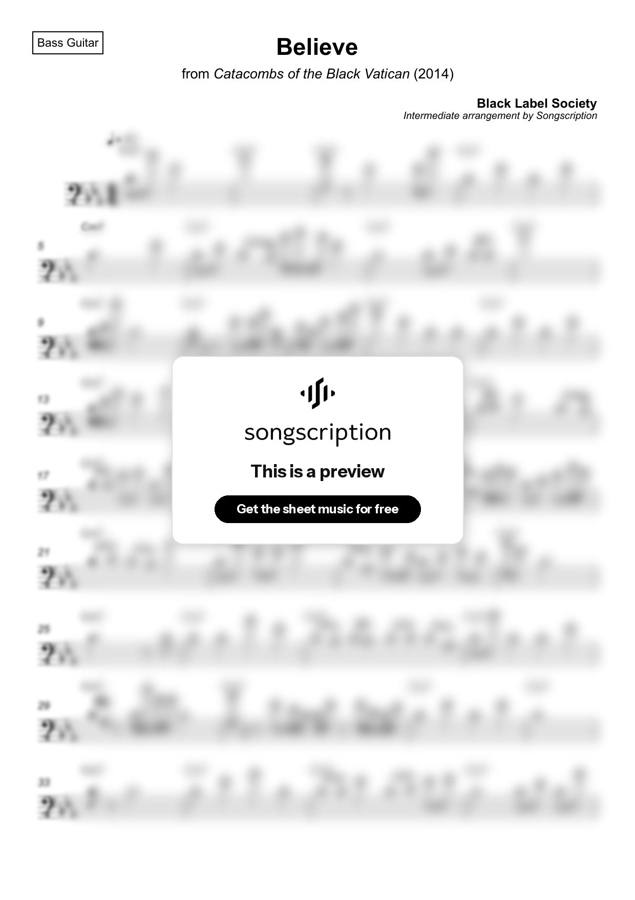 Intermediate Bass Guitar Sheet Music for "Believe" by Black Label Society
