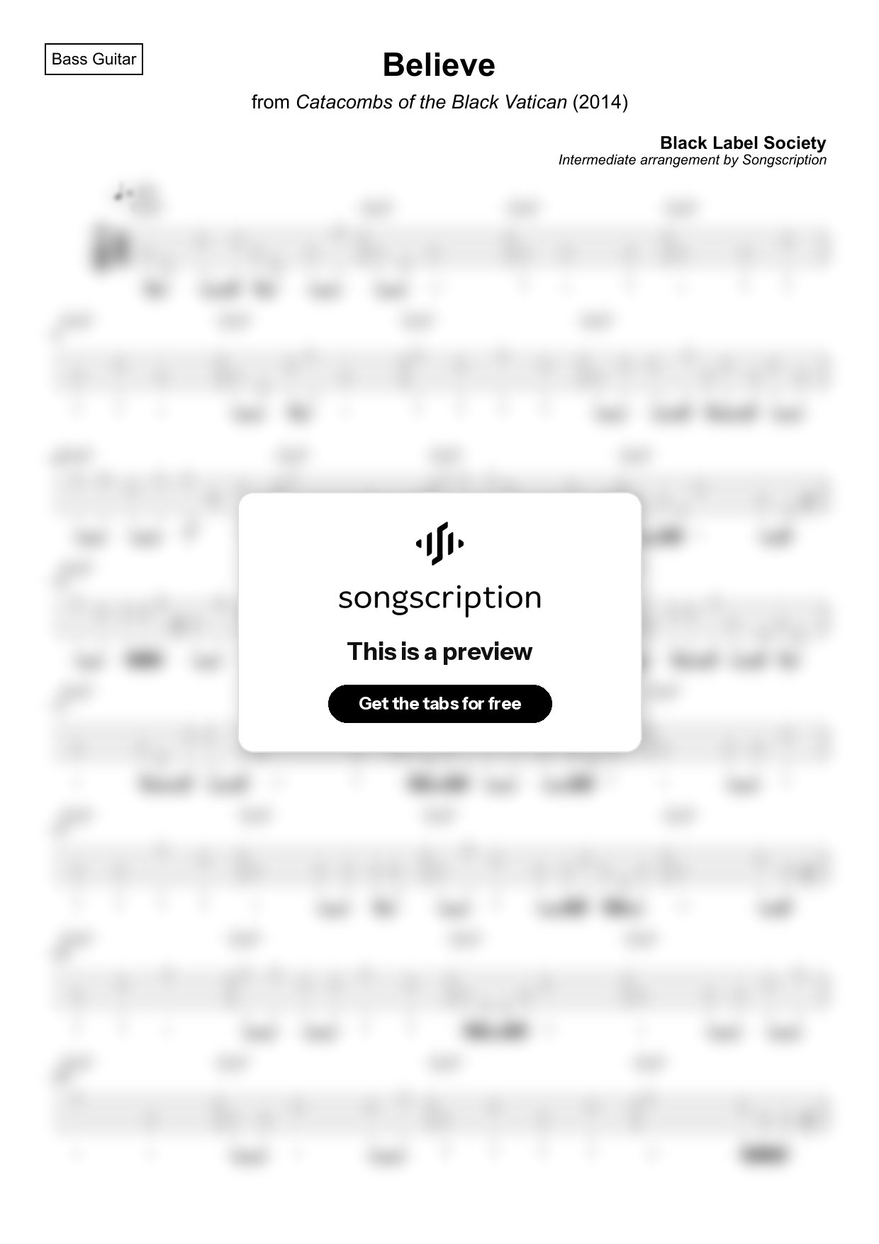 Intermediate Bass Guitar Tabs for "Believe" by Black Label Society