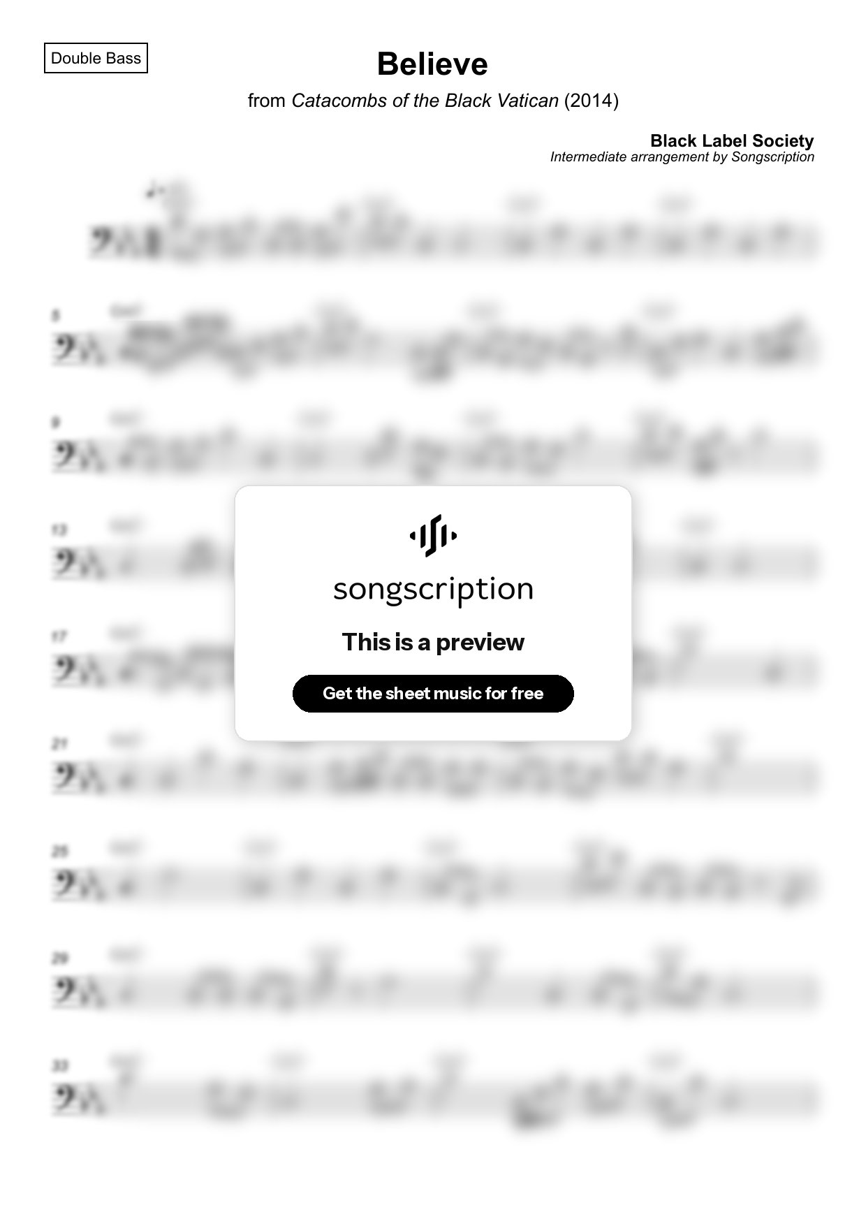 Intermediate Double Bass Sheet Music for "Believe" by Black Label Society