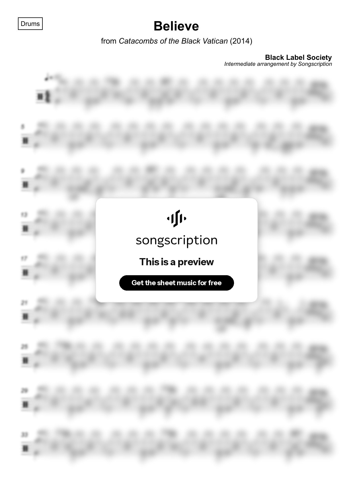 Intermediate Drums Sheet Music for "Believe" by Black Label Society