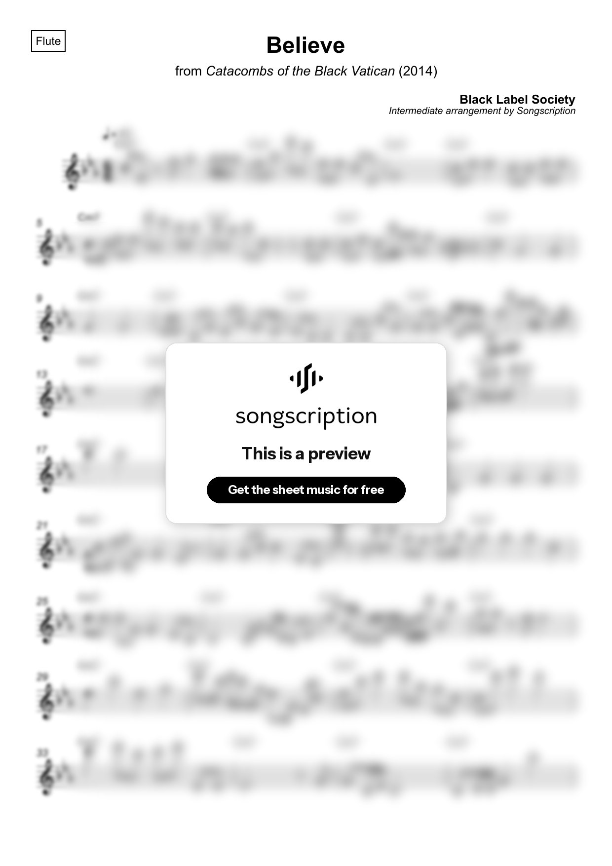Intermediate Flute Sheet Music for "Believe" by Black Label Society