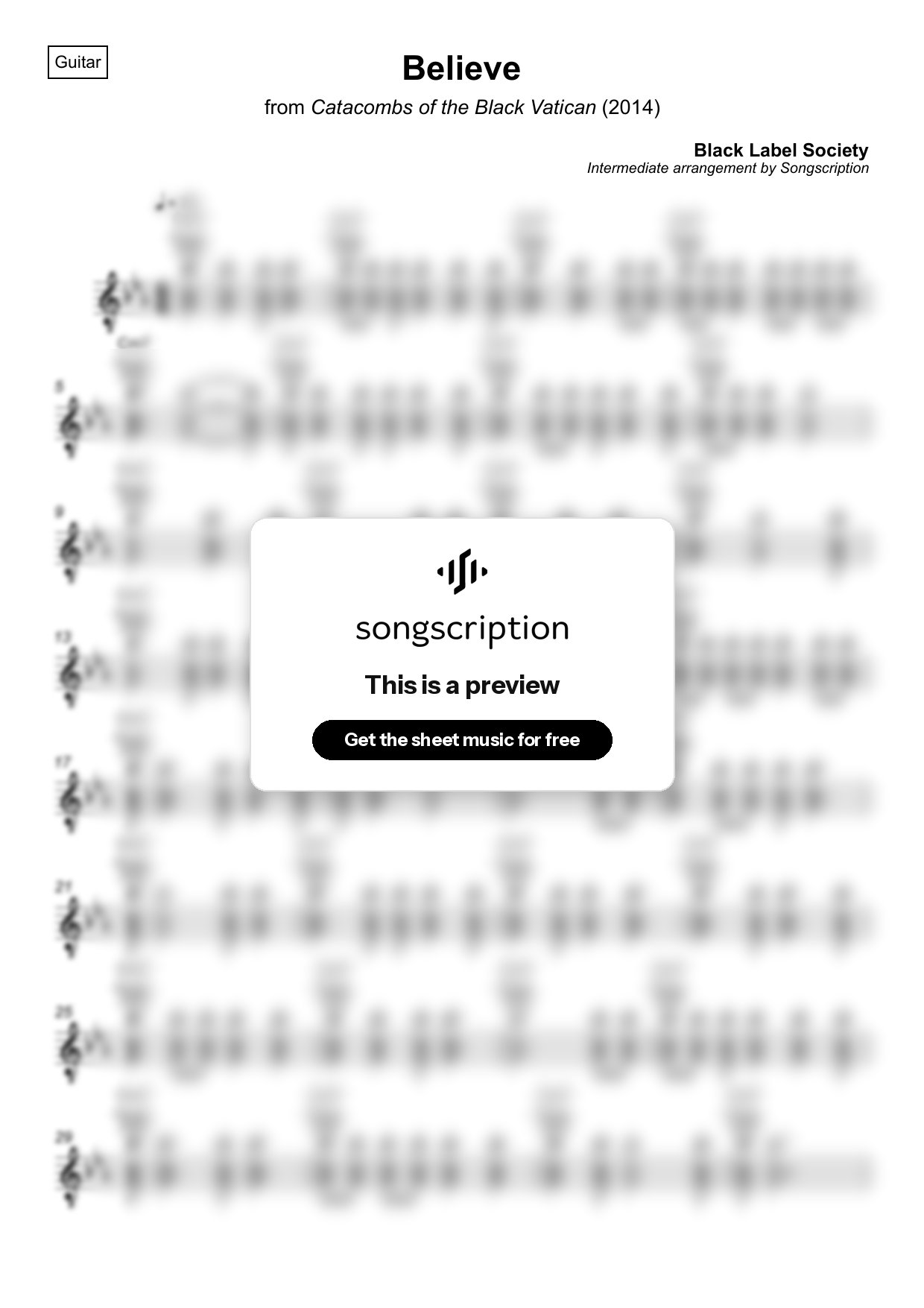 Intermediate Acoustic Guitar Sheet Music for "Believe" by Black Label Society