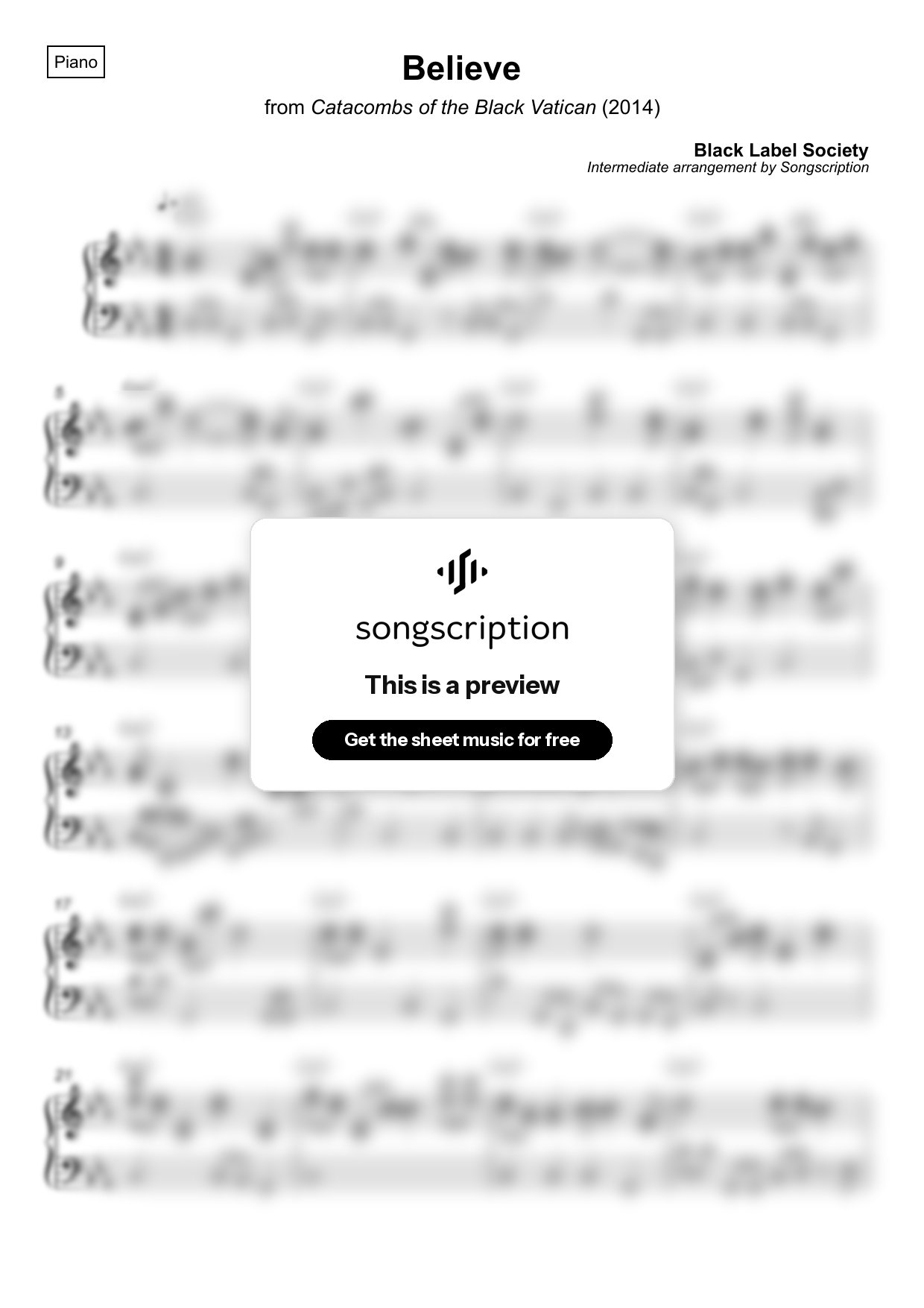Intermediate Piano Sheet Music for "Believe" by Black Label Society