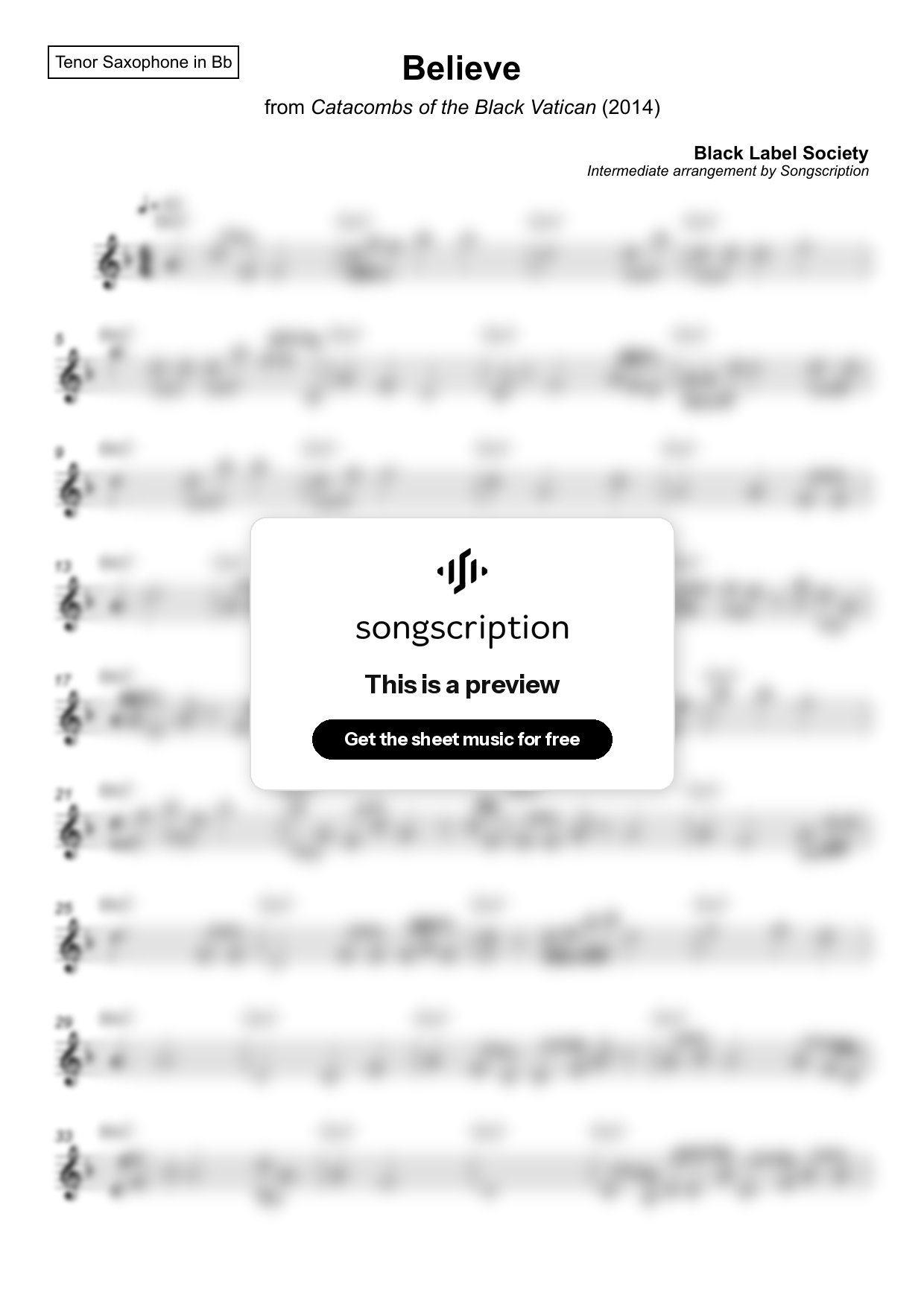 Intermediate Tenor Sax Sheet Music for "Believe" by Black Label Society