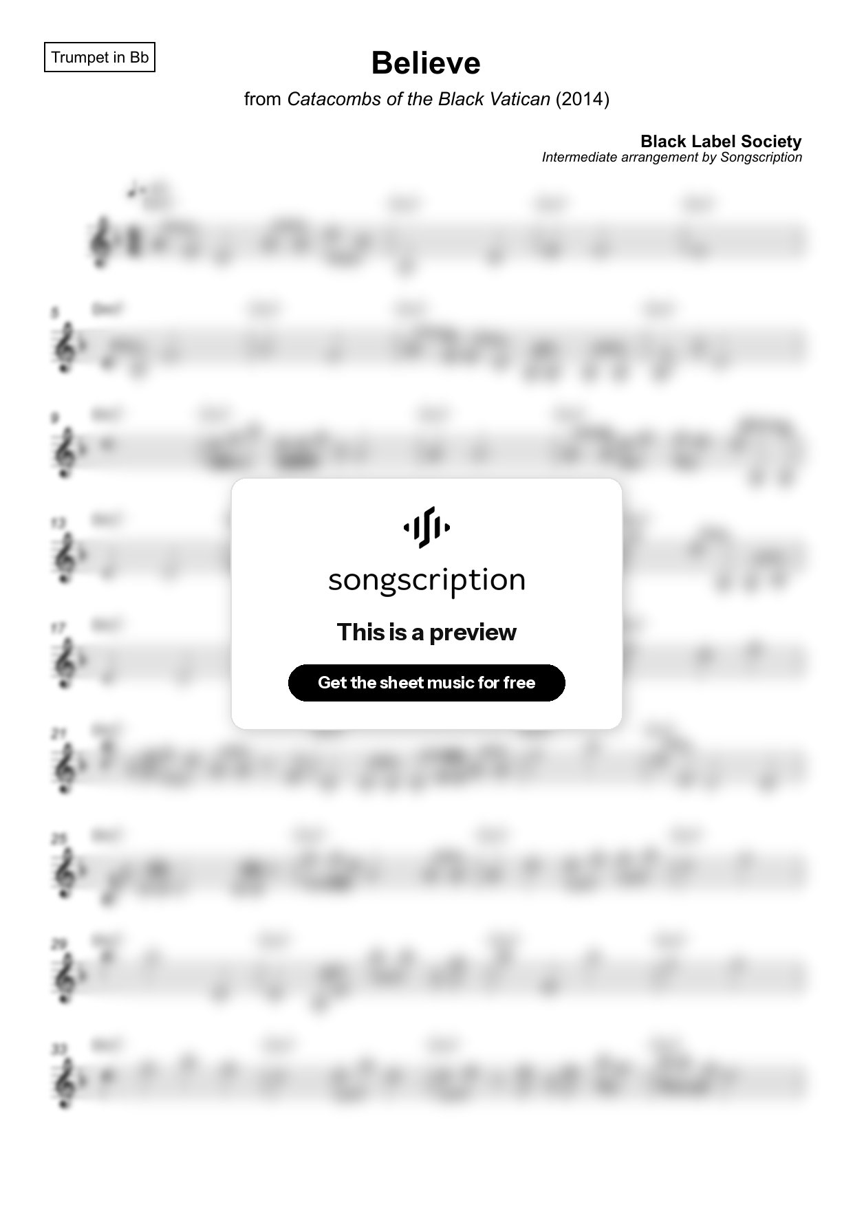 Intermediate Trumpet Sheet Music for "Believe" by Black Label Society