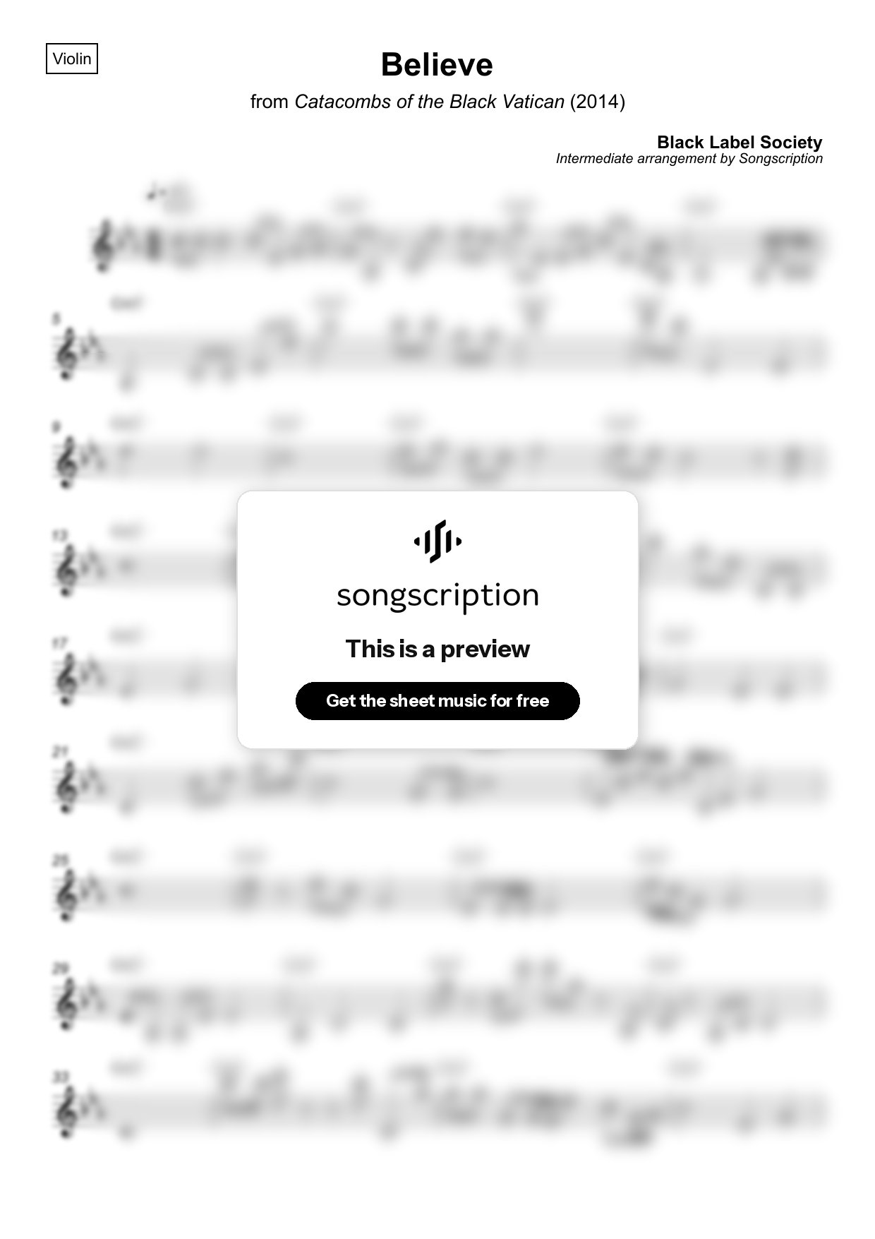 Intermediate Violin Sheet Music for "Believe" by Black Label Society