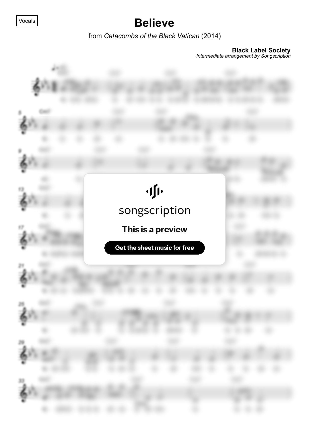 Intermediate Vocals Sheet Music for "Believe" by Black Label Society