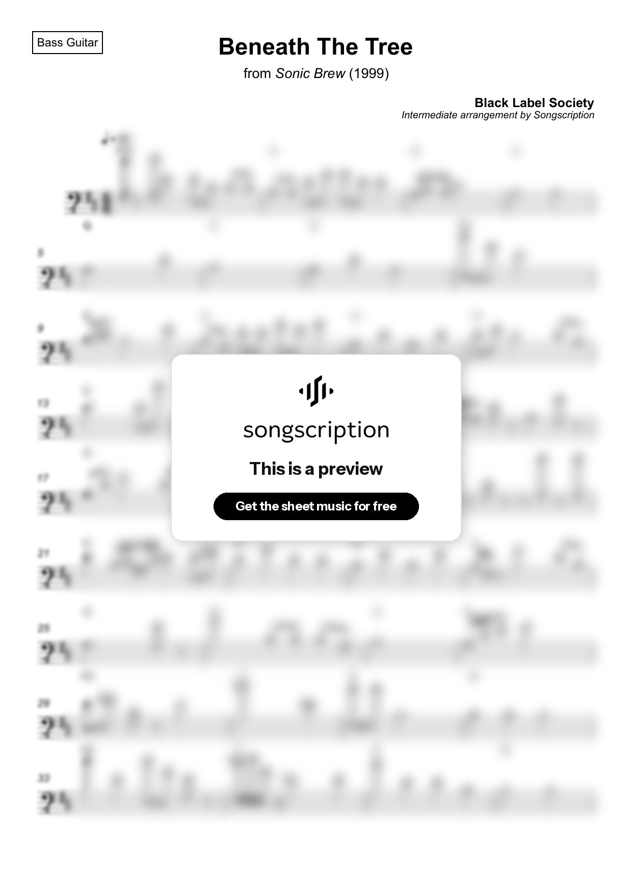 Intermediate Bass Guitar Sheet Music for "Beneath The Tree" by Black Label Society
