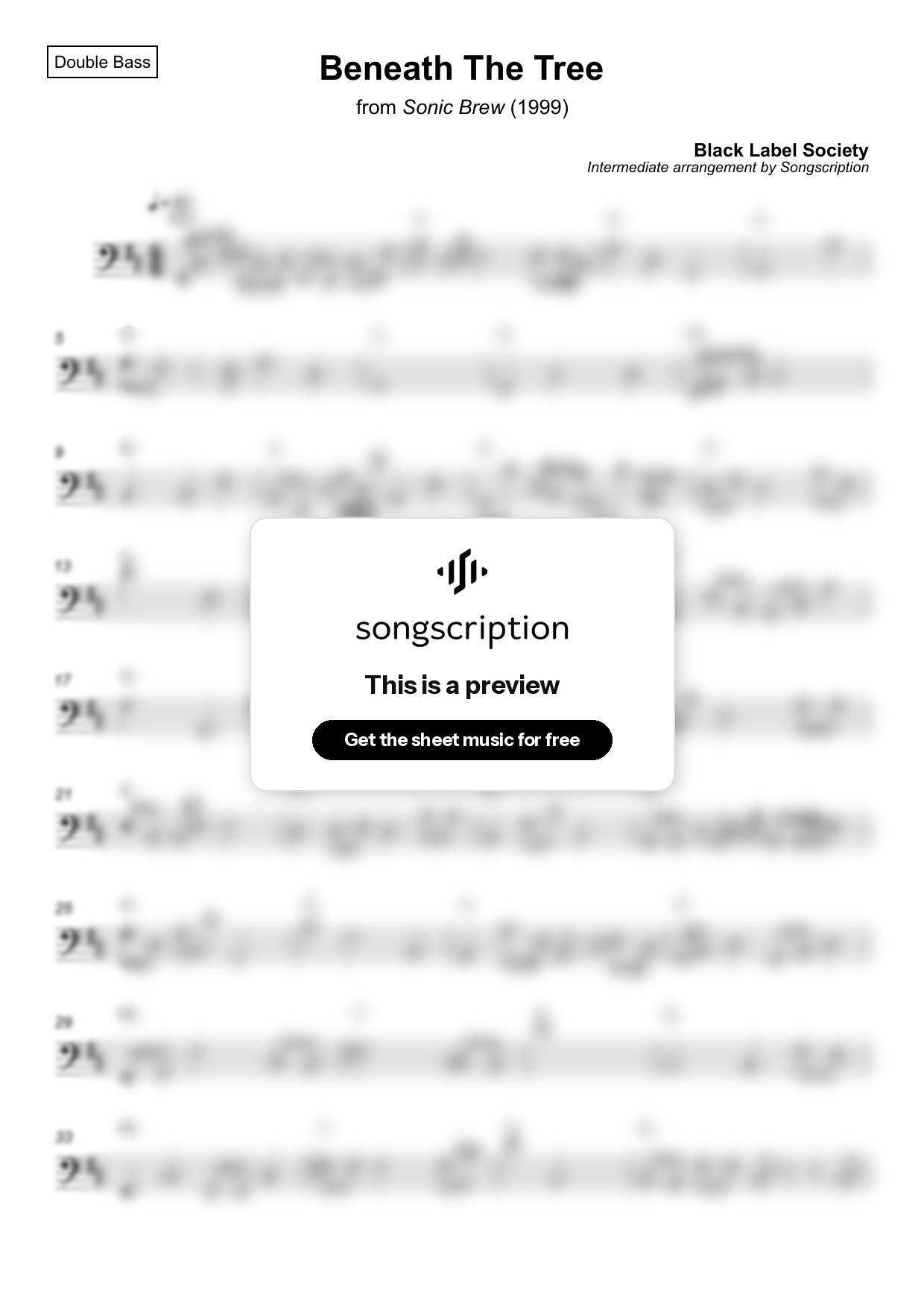 Intermediate Double Bass Sheet Music for "Beneath The Tree" by Black Label Society
