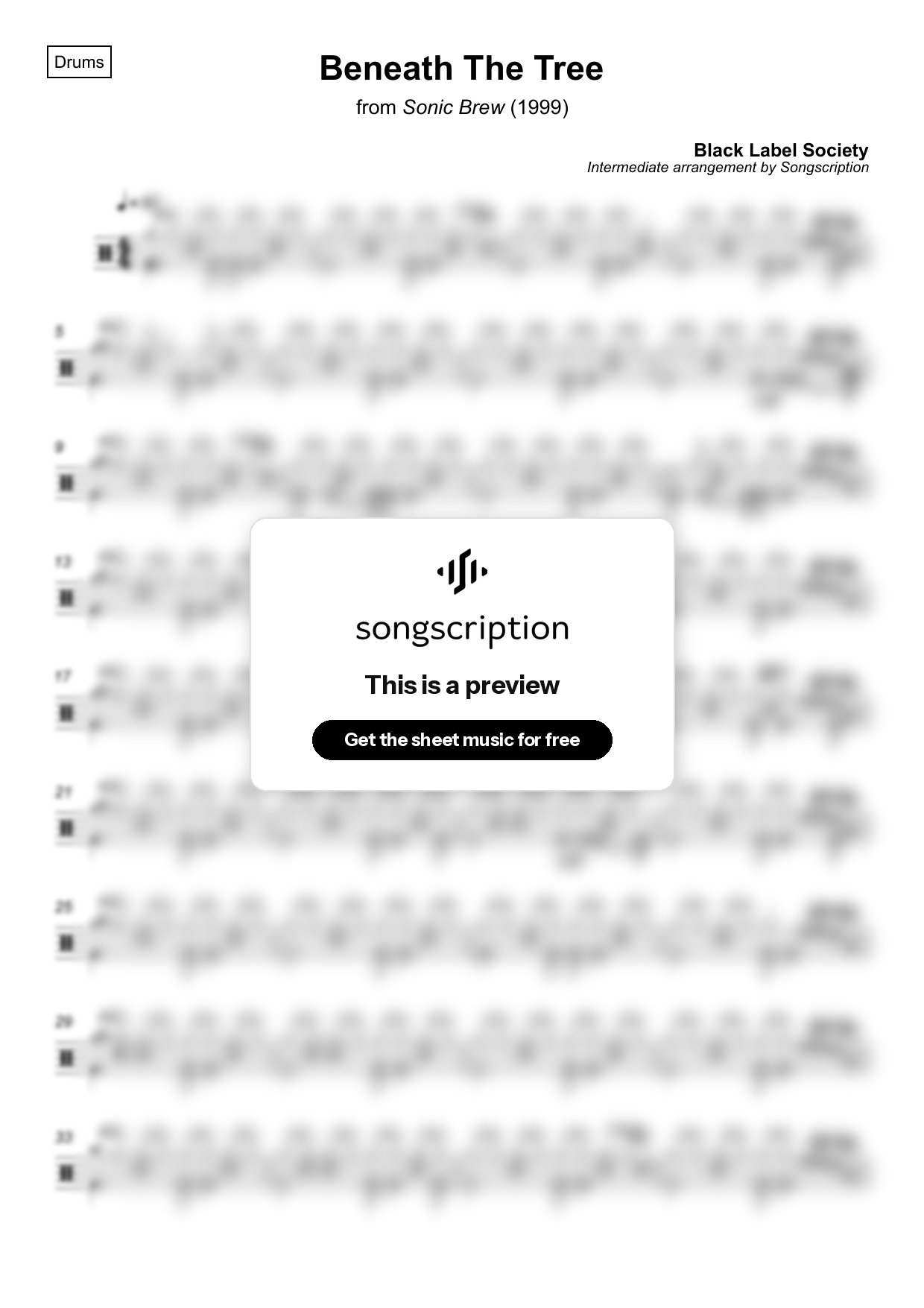 Intermediate Drums Sheet Music for "Beneath The Tree" by Black Label Society