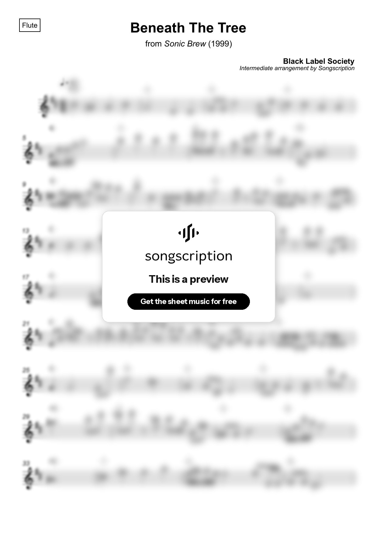 Intermediate Flute Sheet Music for "Beneath The Tree" by Black Label Society