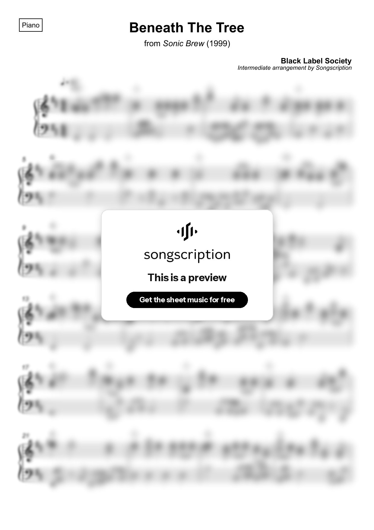 Intermediate Piano Sheet Music for "Beneath The Tree" by Black Label Society