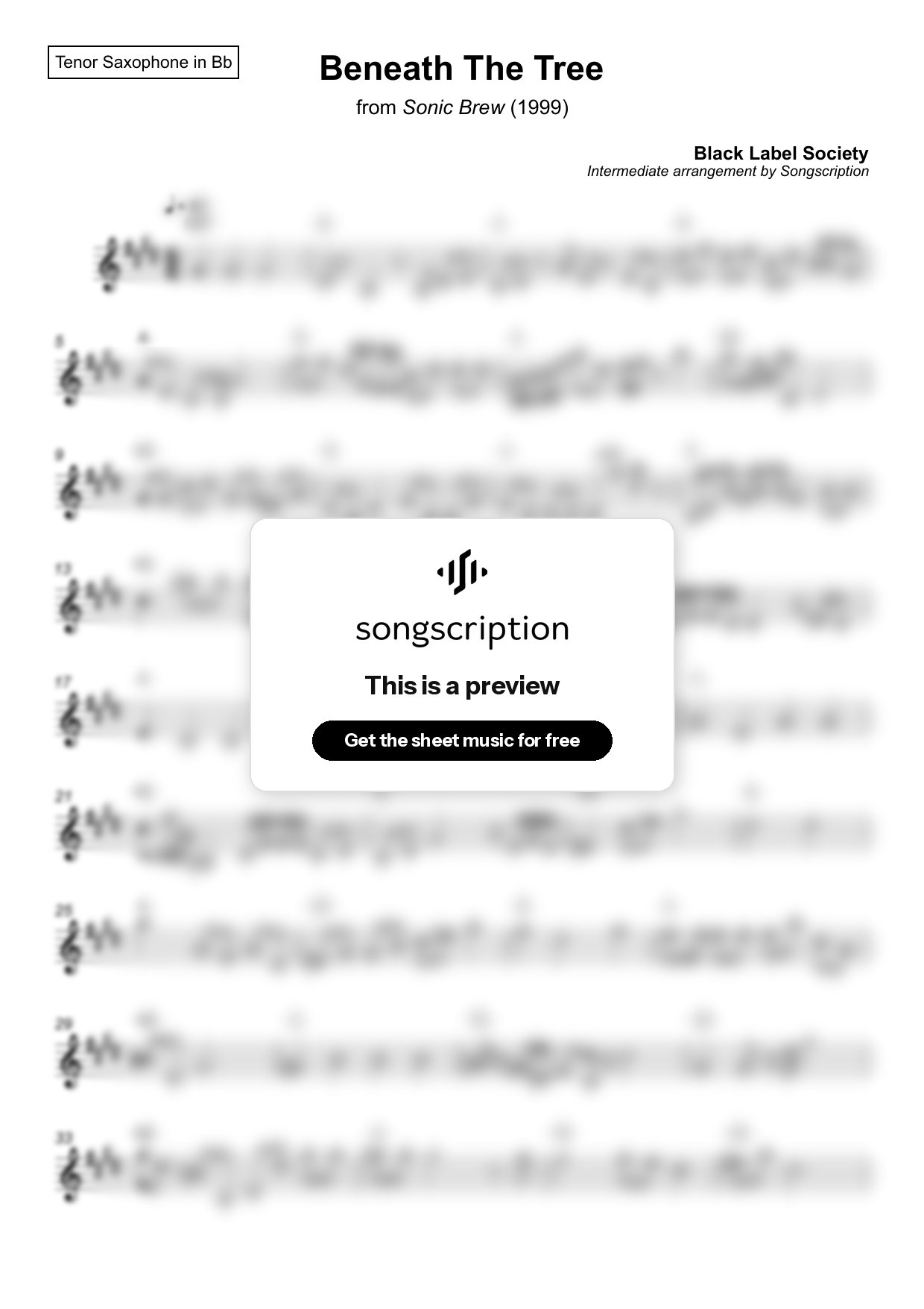 Intermediate Tenor Sax Sheet Music for "Beneath The Tree" by Black Label Society