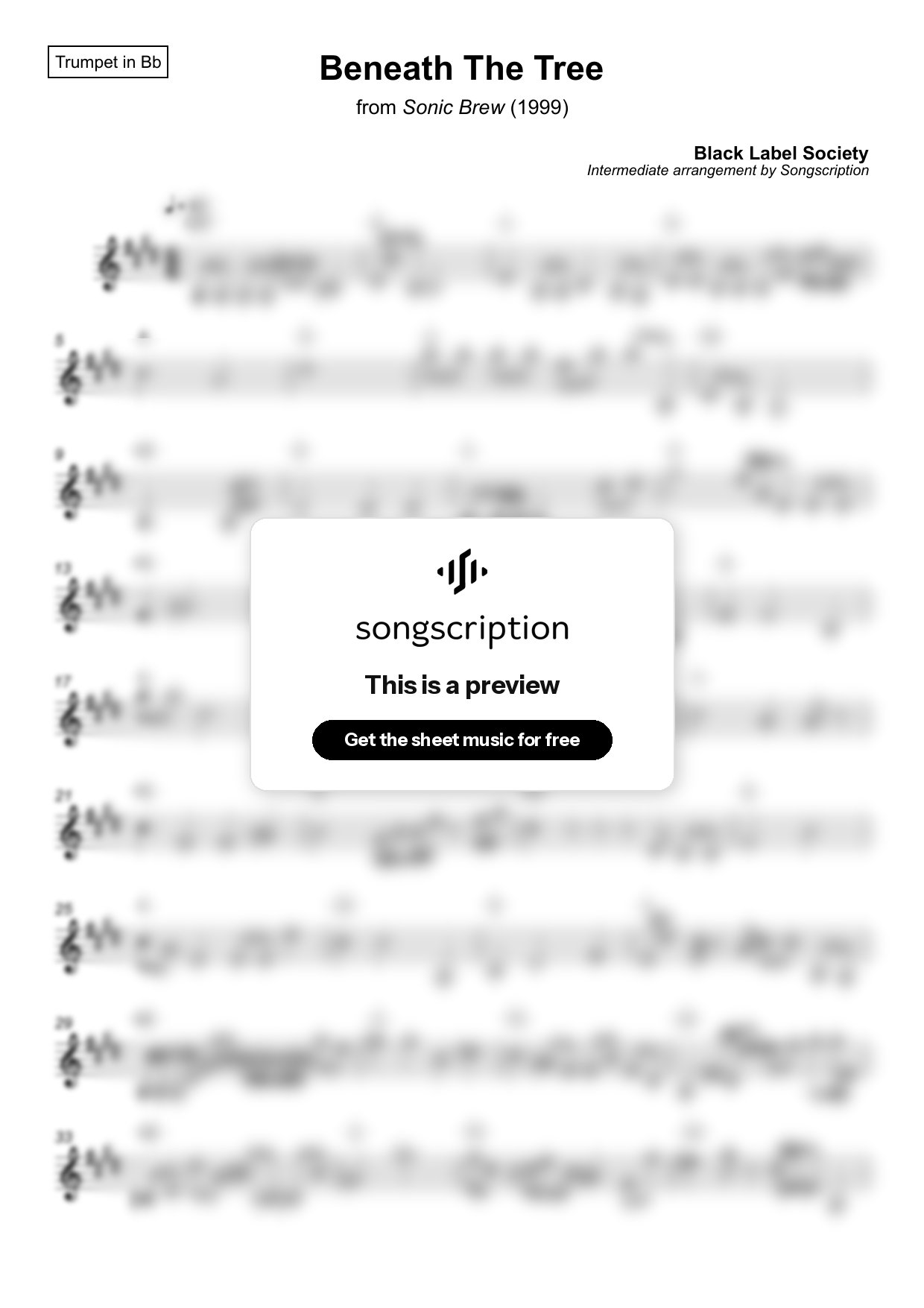 Intermediate Trumpet Sheet Music for "Beneath The Tree" by Black Label Society