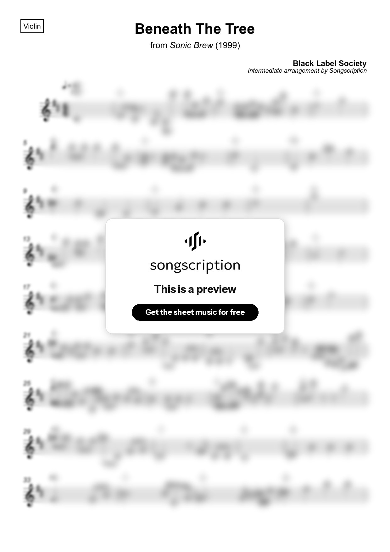 Intermediate Violin Sheet Music for "Beneath The Tree" by Black Label Society