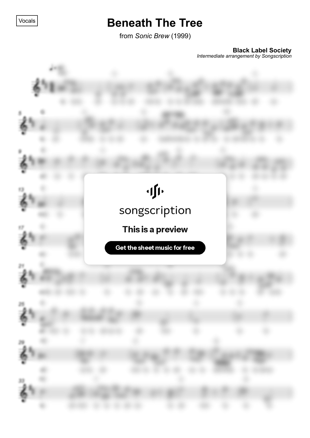 Intermediate Vocals Sheet Music for "Beneath The Tree" by Black Label Society