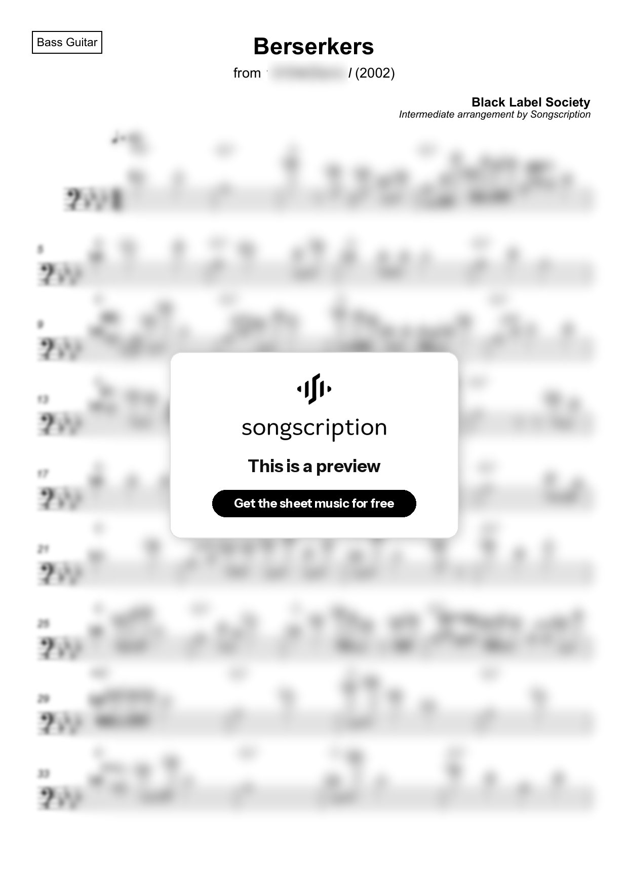 Intermediate Bass Guitar Sheet Music for "Berserkers" by Black Label Society