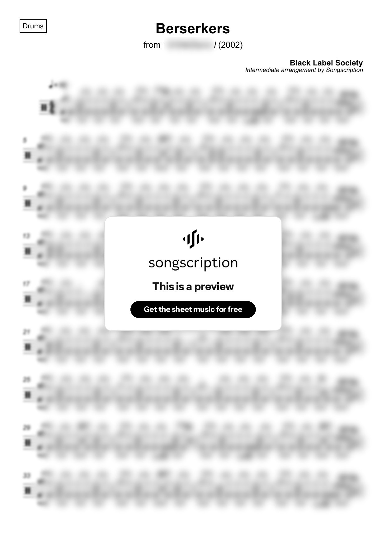 Intermediate Drums Sheet Music for "Berserkers" by Black Label Society