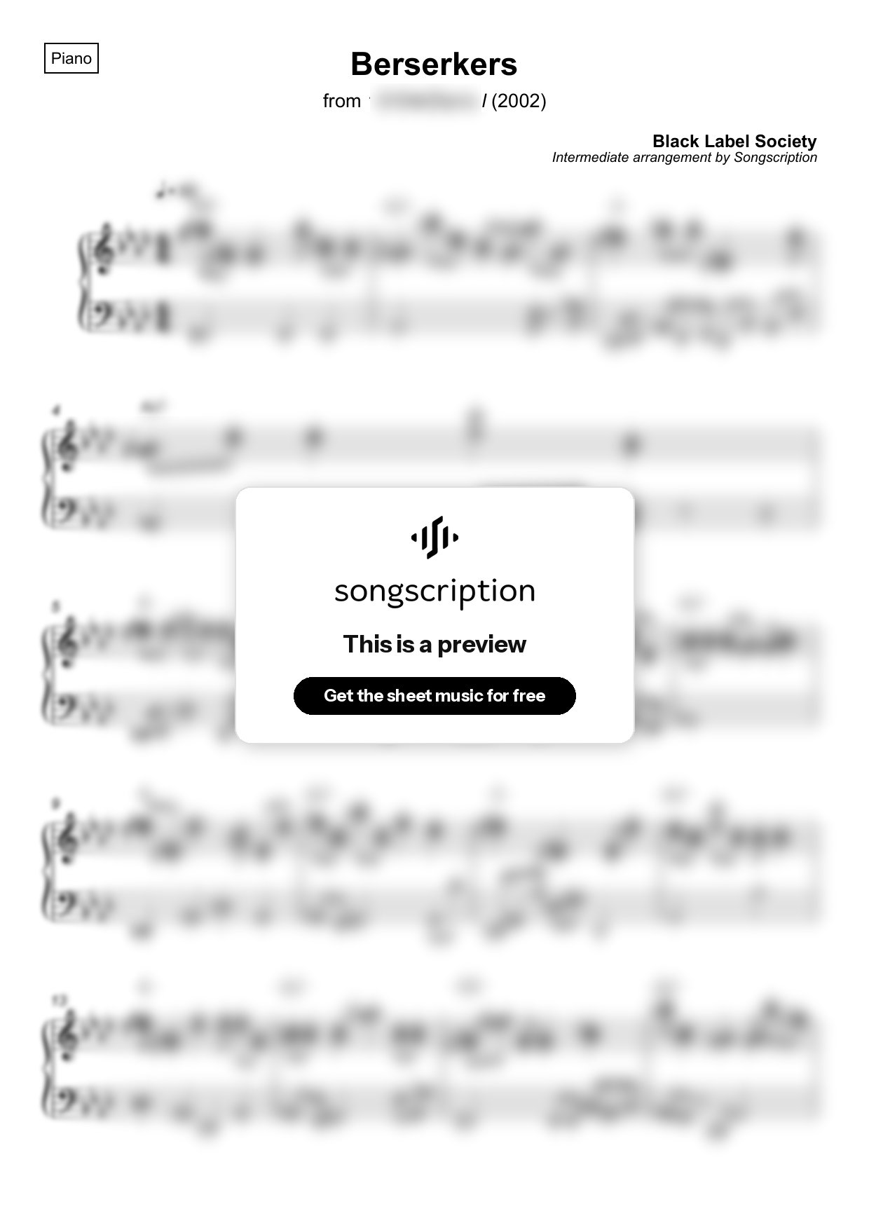 Intermediate Piano Sheet Music for "Berserkers" by Black Label Society