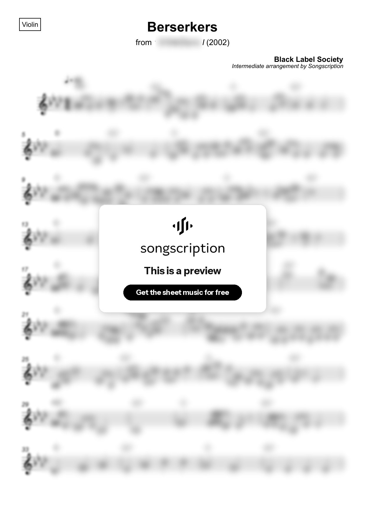 Intermediate Violin Sheet Music for "Berserkers" by Black Label Society