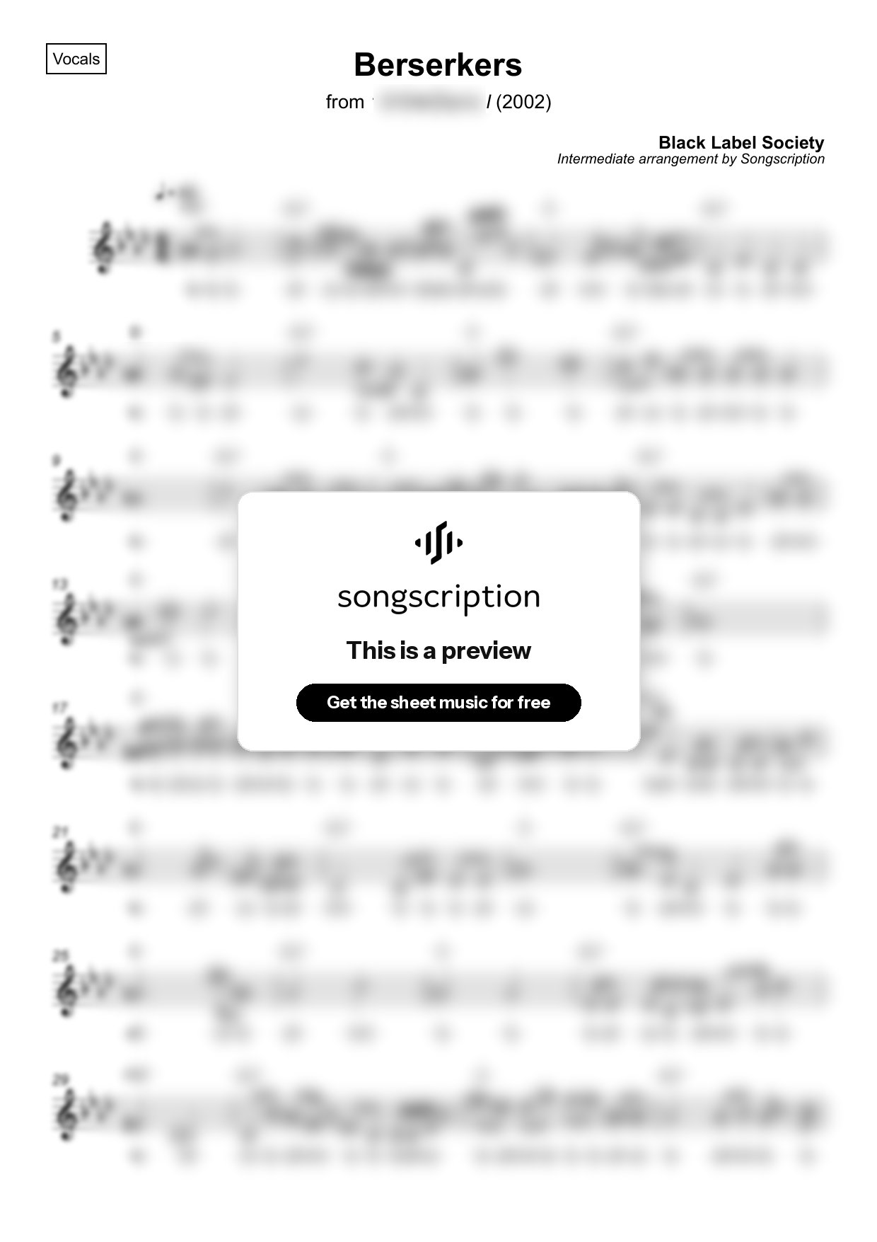 Intermediate Vocals Sheet Music for "Berserkers" by Black Label Society
