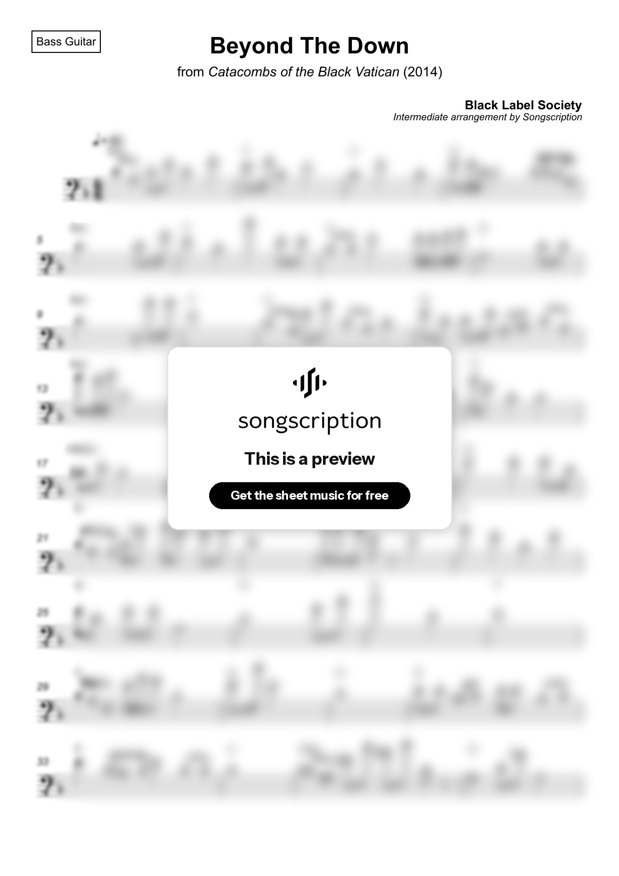 Intermediate Bass Guitar Sheet Music for "Beyond The Down" by Black Label Society