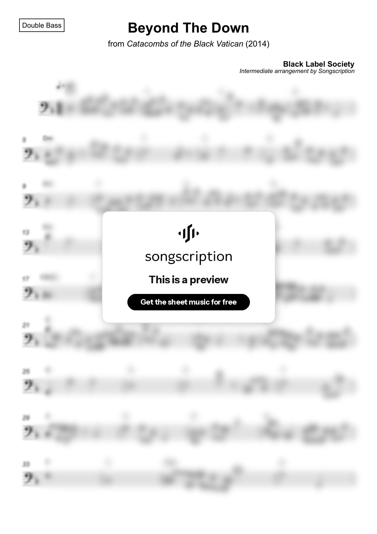Intermediate Double Bass Sheet Music for "Beyond The Down" by Black Label Society