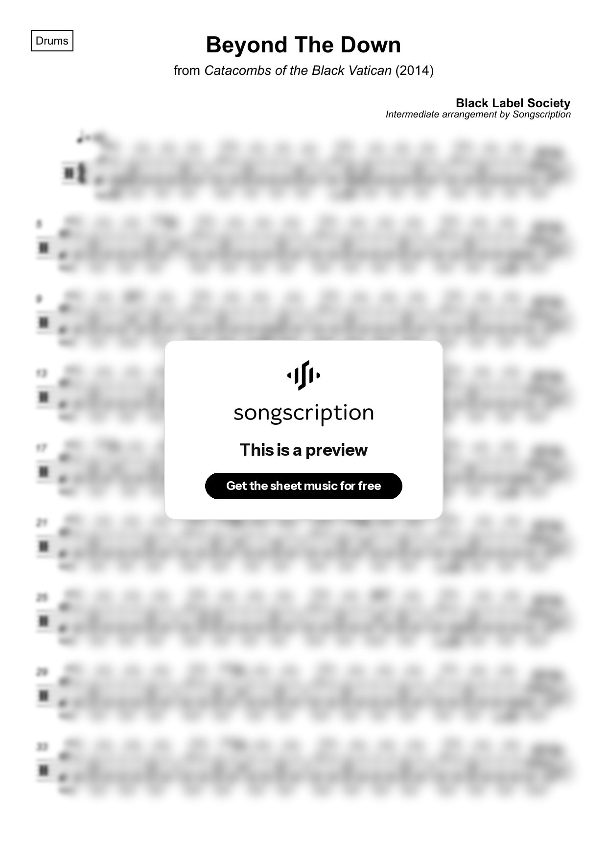 Intermediate Drums Sheet Music for "Beyond The Down" by Black Label Society