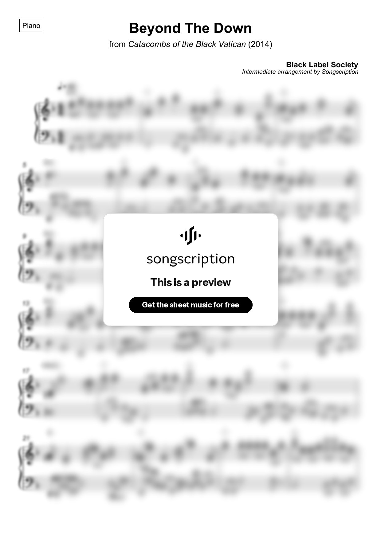 Intermediate Piano Sheet Music for "Beyond The Down" by Black Label Society